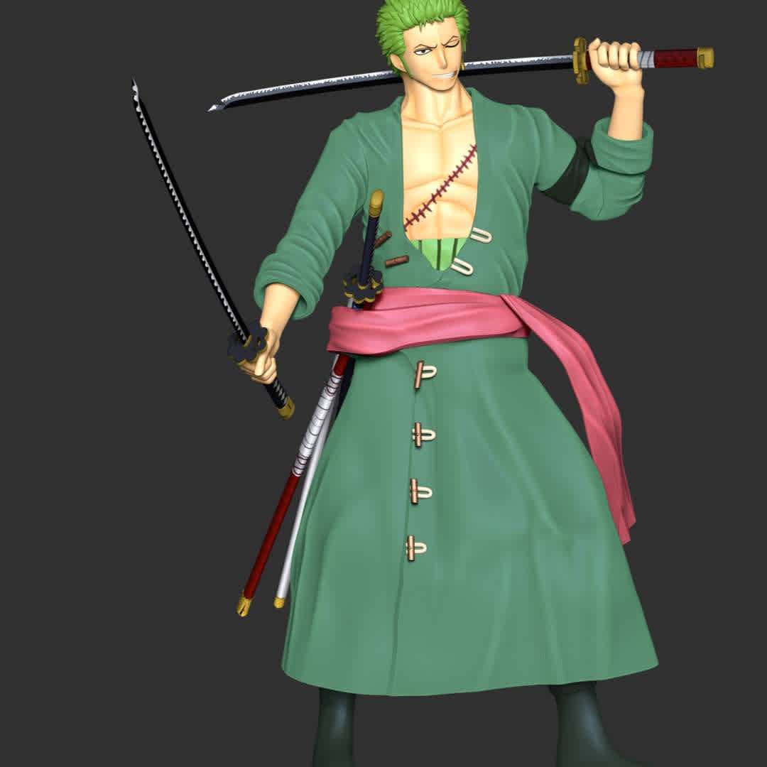 One Piece - Roronoa Zoro - These information of model:

**- The height of current model is 30 cm and you can free to scale it.**

**- Format files: STL, OBJ to supporting 3D printing.**

Please don't hesitate to contact me if you have any issues question. - The best files for 3D printing in the world. Stl models divided into parts to facilitate 3D printing. All kinds of characters, decoration, cosplay, prosthetics, pieces. Quality in 3D printing. Affordable 3D models. Low cost. Collective purchases of 3D files.