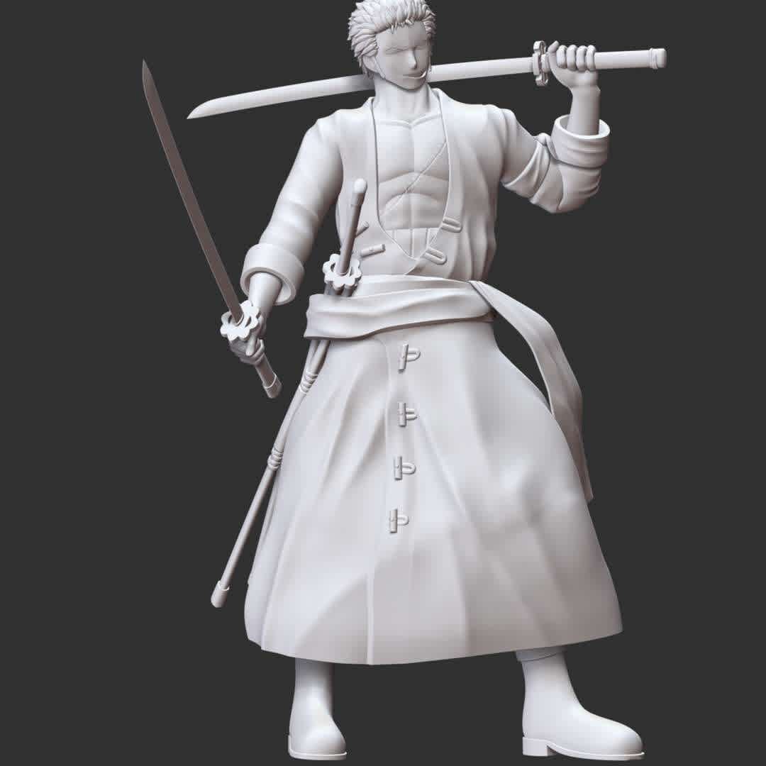 One Piece - Roronoa Zoro - These information of model:

**- The height of current model is 30 cm and you can free to scale it.**

**- Format files: STL, OBJ to supporting 3D printing.**

Please don't hesitate to contact me if you have any issues question. - The best files for 3D printing in the world. Stl models divided into parts to facilitate 3D printing. All kinds of characters, decoration, cosplay, prosthetics, pieces. Quality in 3D printing. Affordable 3D models. Low cost. Collective purchases of 3D files.