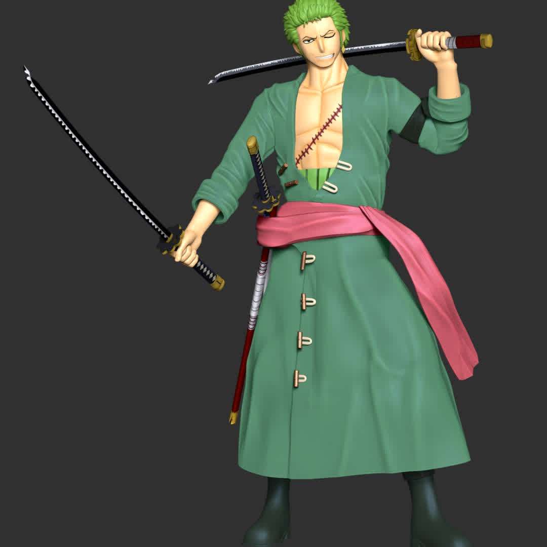 One Piece - Roronoa Zoro - These information of model:

**- The height of current model is 30 cm and you can free to scale it.**

**- Format files: STL, OBJ to supporting 3D printing.**

Please don't hesitate to contact me if you have any issues question. - The best files for 3D printing in the world. Stl models divided into parts to facilitate 3D printing. All kinds of characters, decoration, cosplay, prosthetics, pieces. Quality in 3D printing. Affordable 3D models. Low cost. Collective purchases of 3D files.