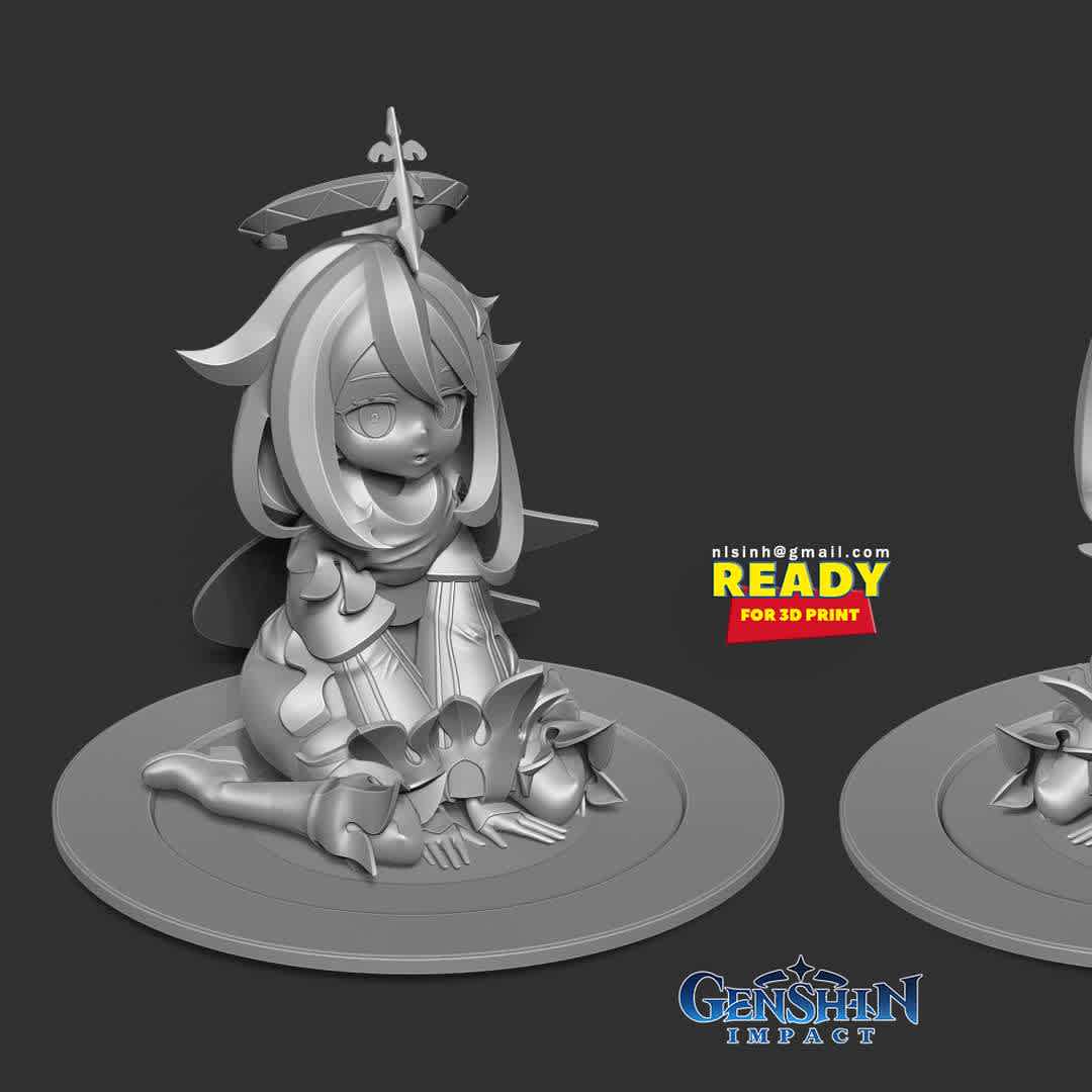 Paimon - Genshin Impact Fanart  - Paimon is a non-playable character in Genshin Impact and accompanies the Traveler throughout their adventure in Teyvat as their guide.

When you purchase this model, you will own:

- STL, OBJ file with 10 separated files (with key to connect together) is ready for 3D printing.

- Zbrush original files (ZTL) for you to customize as you like.

This is version 1.0 of this model.

Hope you like her. Thanks for viewing! - Os melhores arquivos para impressão 3D do mundo. Modelos stl divididos em partes para facilitar a impressão 3D. Todos os tipos de personagens, decoração, cosplay, próteses, peças. Qualidade na impressão 3D. Modelos 3D com preço acessível. Baixo custo. Compras coletivas de arquivos 3D.