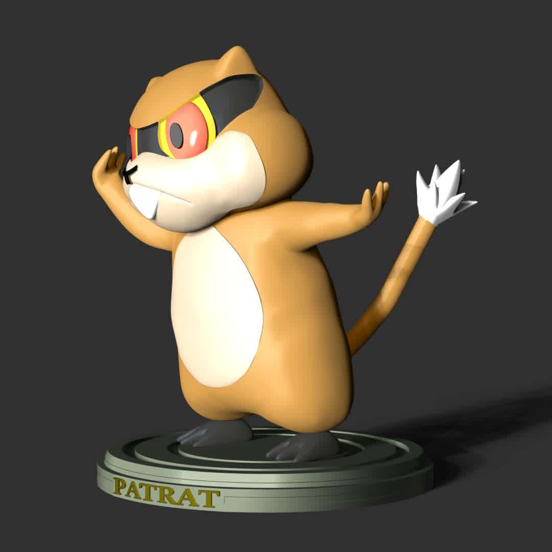 Patrat- Pokemon Go - When you purchase this model, you will own:

 - STL, OBJ file with 02 separated files (included key to connect parts) is ready for 3D printing.

 - Zbrush original files (ZTL) for you to customize as you like.

This is version 1.0 of this model.

Thanks for viewing! Hope you like him. - Los mejores archivos para impresión 3D del mundo. Modelos Stl divididos en partes para facilitar la impresión 3D. Todo tipo de personajes, decoración, cosplay, prótesis, piezas. Calidad en impresión 3D. Modelos 3D asequibles. Bajo costo. Compras colectivas de archivos 3D.