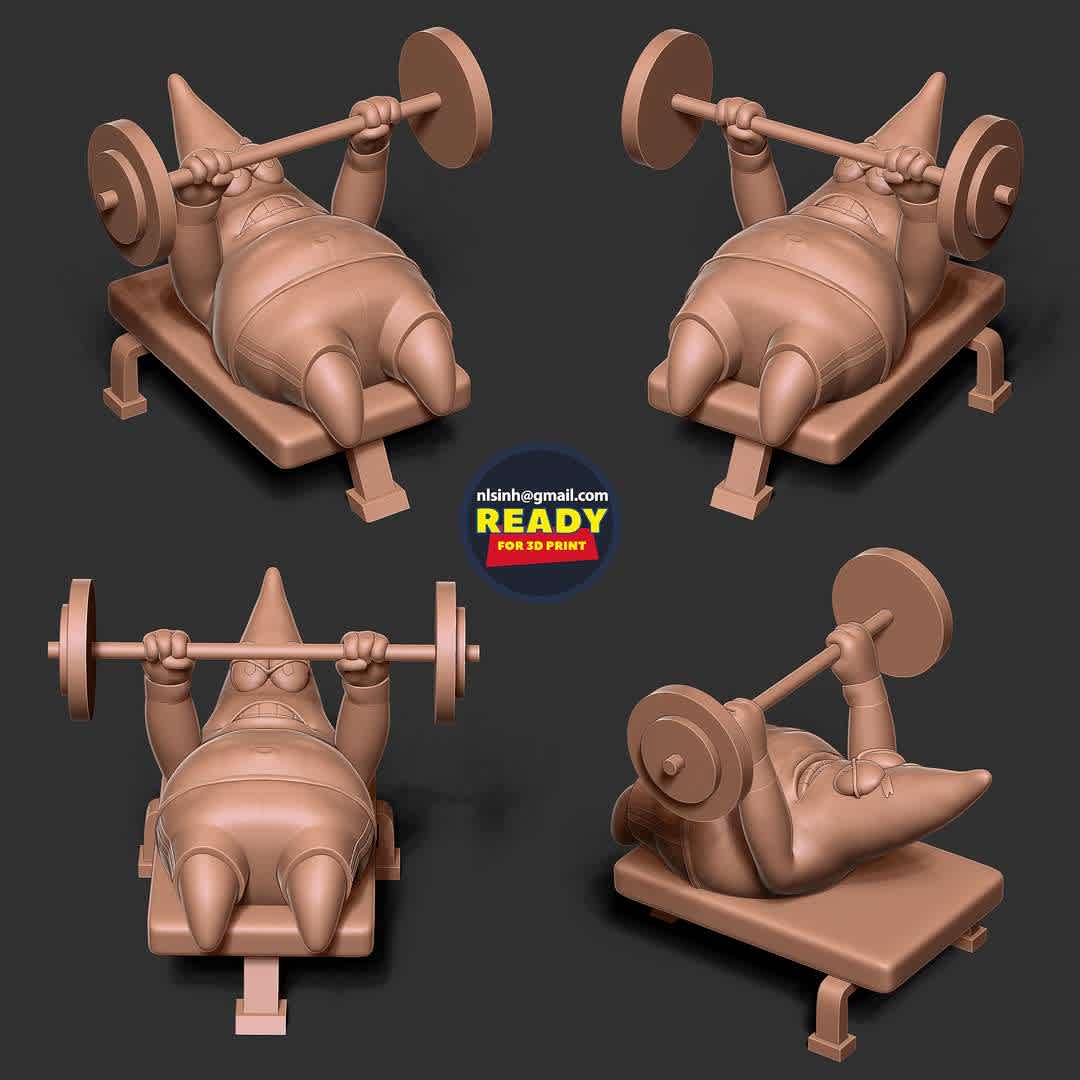 Patrick Star lifts weights  - Patrick Star: Strength comes from practice.

When you purchase this model, you will own:

- STL, OBJ file with 04 separated files (with key to connect together) is ready for 3D printing.

- Zbrush original files (ZTL) for you to customize as you like.

This is version 1.0 of this model.

Hope you like him. Thanks for viewing! - Los mejores archivos para impresión 3D del mundo. Modelos Stl divididos en partes para facilitar la impresión 3D. Todo tipo de personajes, decoración, cosplay, prótesis, piezas. Calidad en impresión 3D. Modelos 3D asequibles. Bajo costo. Compras colectivas de archivos 3D.