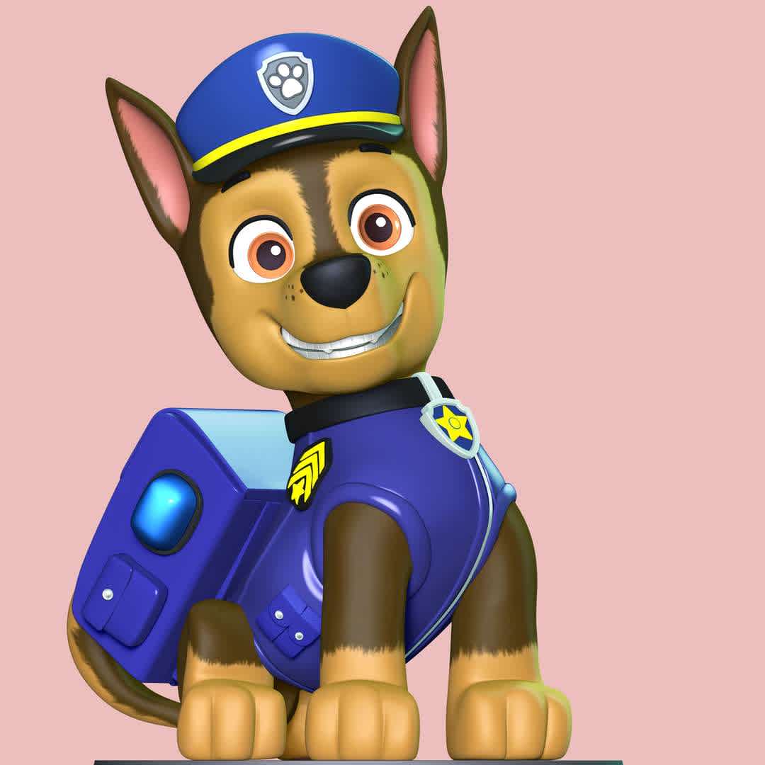 PAW Patrol - Chase Police - **The model ready for 3D printing.**

These information of model:

**- Format files: STL, OBJ to supporting 3D printing.**

**- Can be assembled without glue (glue is optional)**

**- Split down to 3 parts**

**- The height of current model is 20 cm and you can free to scale it.**

**- ZTL format for Zbrush for you to customize as you like.**

Please don't hesitate to contact me if you have any issues question.

If you see this model useful, please vote positively for it. - Los mejores archivos para impresión 3D del mundo. Modelos Stl divididos en partes para facilitar la impresión 3D. Todo tipo de personajes, decoración, cosplay, prótesis, piezas. Calidad en impresión 3D. Modelos 3D asequibles. Bajo costo. Compras colectivas de archivos 3D.