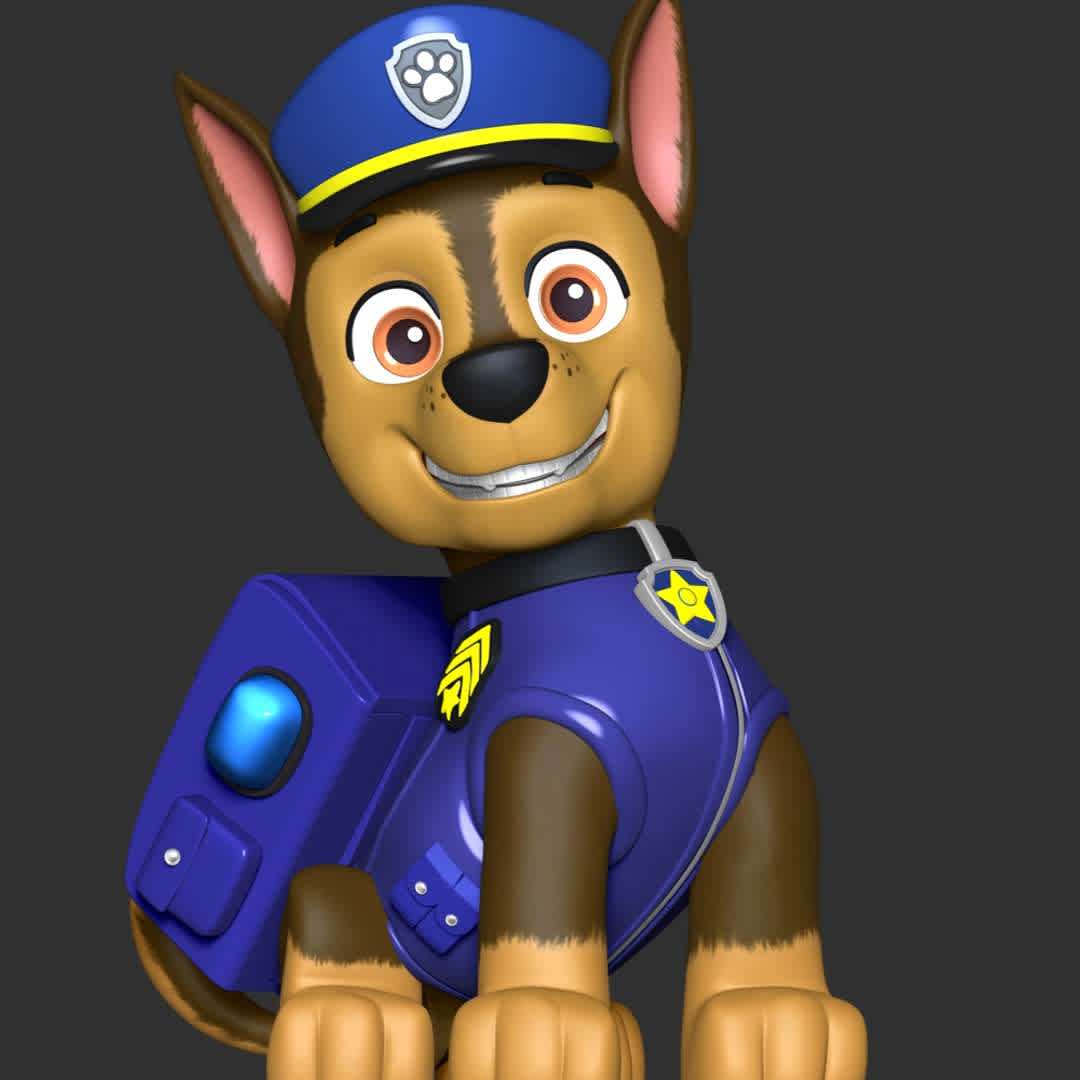 PAW Patrol - Chase Police - **The model ready for 3D printing.**

These information of model:

**- Format files: STL, OBJ to supporting 3D printing.**

**- Can be assembled without glue (glue is optional)**

**- Split down to 3 parts**

**- The height of current model is 20 cm and you can free to scale it.**

**- ZTL format for Zbrush for you to customize as you like.**

Please don't hesitate to contact me if you have any issues question.

If you see this model useful, please vote positively for it. - Los mejores archivos para impresión 3D del mundo. Modelos Stl divididos en partes para facilitar la impresión 3D. Todo tipo de personajes, decoración, cosplay, prótesis, piezas. Calidad en impresión 3D. Modelos 3D asequibles. Bajo costo. Compras colectivas de archivos 3D.