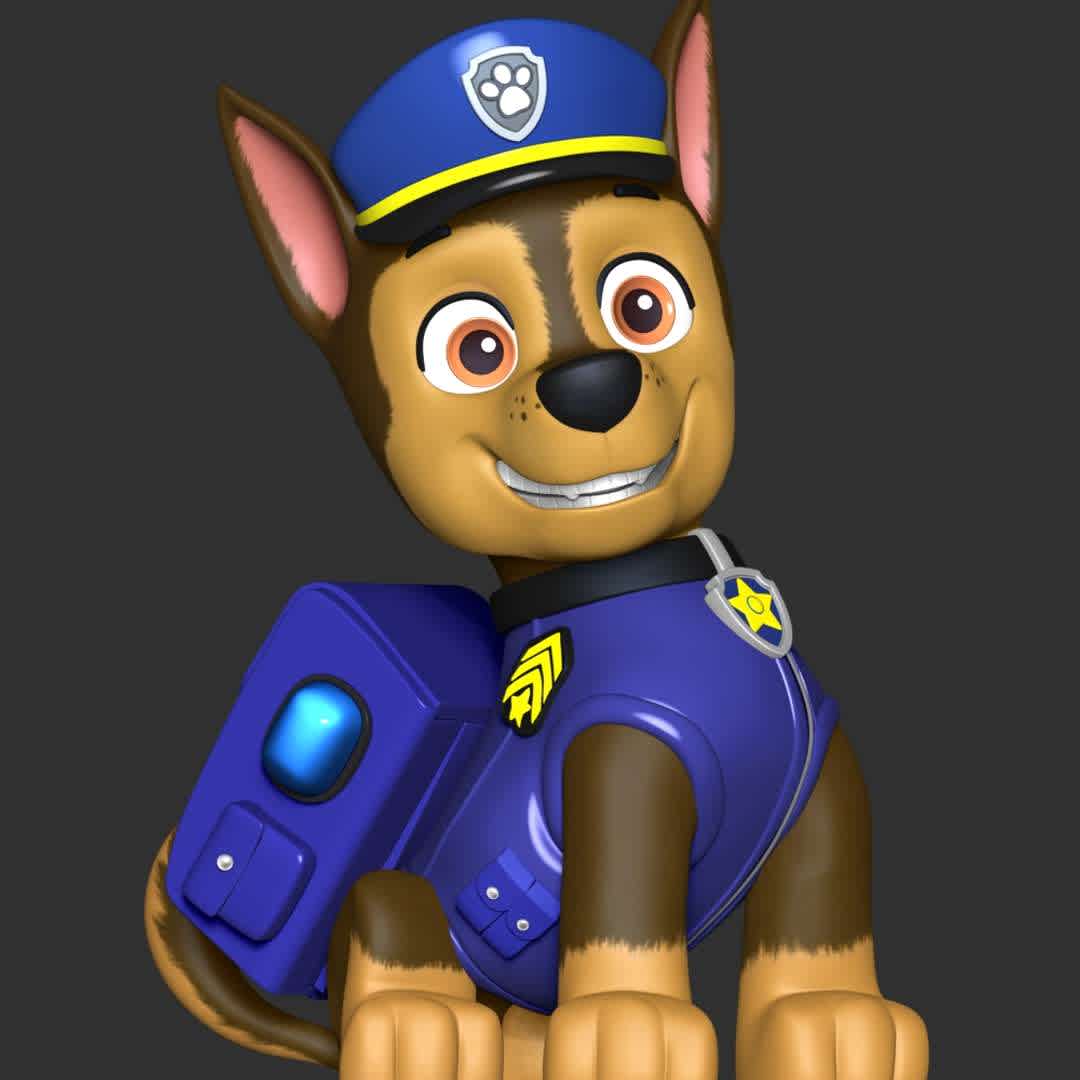 PAW Patrol - Chase Police - **The model ready for 3D printing.**

These information of model:

**- Format files: STL, OBJ to supporting 3D printing.**

**- Can be assembled without glue (glue is optional)**

**- Split down to 3 parts**

**- The height of current model is 20 cm and you can free to scale it.**

**- ZTL format for Zbrush for you to customize as you like.**

Please don't hesitate to contact me if you have any issues question.

If you see this model useful, please vote positively for it. - Los mejores archivos para impresión 3D del mundo. Modelos Stl divididos en partes para facilitar la impresión 3D. Todo tipo de personajes, decoración, cosplay, prótesis, piezas. Calidad en impresión 3D. Modelos 3D asequibles. Bajo costo. Compras colectivas de archivos 3D.