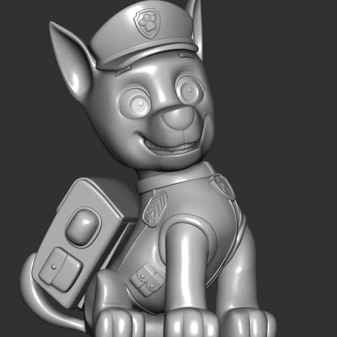 PAW Patrol - Chase Police - **The model ready for 3D printing.**

These information of model:

**- Format files: STL, OBJ to supporting 3D printing.**

**- Can be assembled without glue (glue is optional)**

**- Split down to 3 parts**

**- The height of current model is 20 cm and you can free to scale it.**

**- ZTL format for Zbrush for you to customize as you like.**

Please don't hesitate to contact me if you have any issues question.

If you see this model useful, please vote positively for it. - Los mejores archivos para impresión 3D del mundo. Modelos Stl divididos en partes para facilitar la impresión 3D. Todo tipo de personajes, decoración, cosplay, prótesis, piezas. Calidad en impresión 3D. Modelos 3D asequibles. Bajo costo. Compras colectivas de archivos 3D.