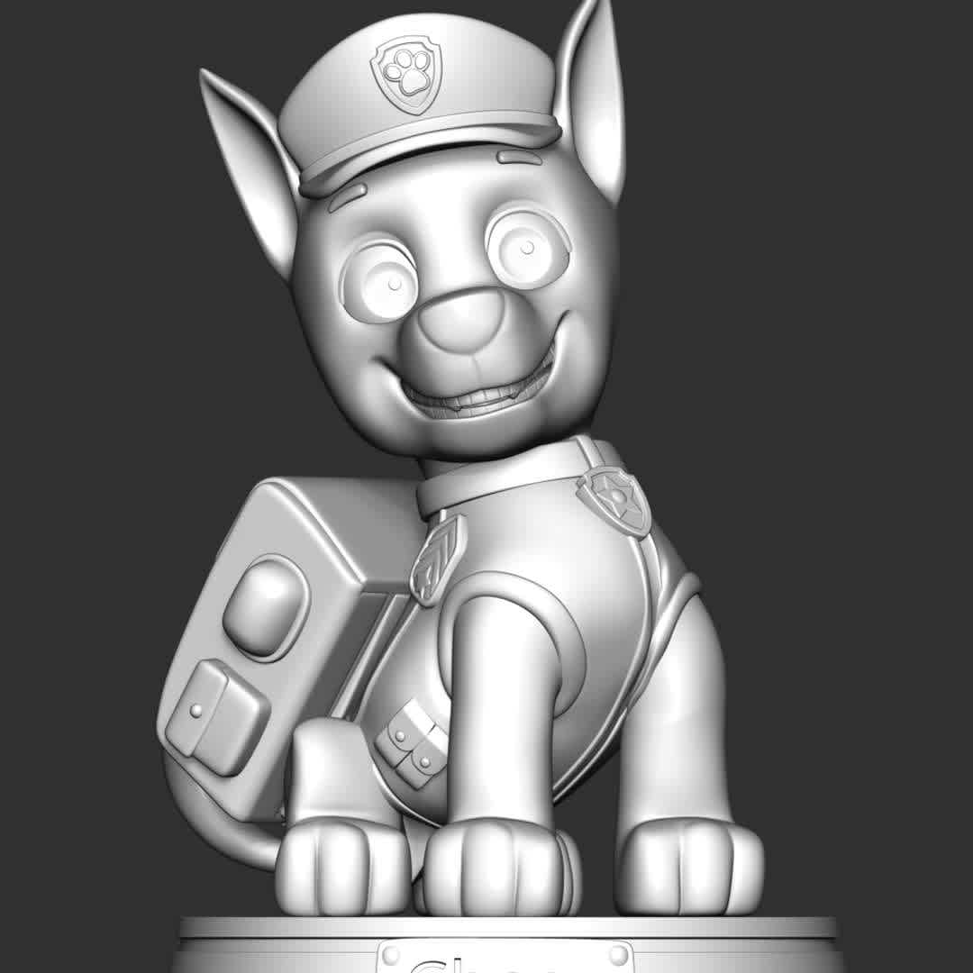 PAW Patrol - Chase Police - **The model ready for 3D printing.**

These information of model:

**- Format files: STL, OBJ to supporting 3D printing.**

**- Can be assembled without glue (glue is optional)**

**- Split down to 3 parts**

**- The height of current model is 20 cm and you can free to scale it.**

**- ZTL format for Zbrush for you to customize as you like.**

Please don't hesitate to contact me if you have any issues question.

If you see this model useful, please vote positively for it. - Os melhores arquivos para impressão 3D do mundo. Modelos stl divididos em partes para facilitar a impressão 3D. Todos os tipos de personagens, decoração, cosplay, próteses, peças. Qualidade na impressão 3D. Modelos 3D com preço acessível. Baixo custo. Compras coletivas de arquivos 3D.
