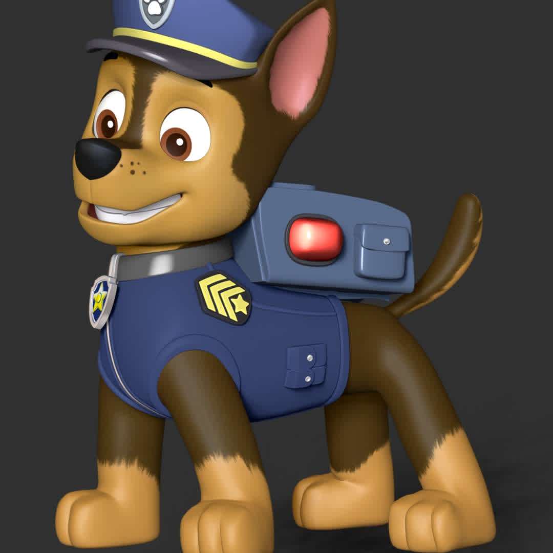 Paw Patrol - Chase - **These information basic of this model:**

- The model ready for 3D printing.
- The model current size is 30cm height, but you are free to scale it.
- Files format: STL, OBJ (included 5 separated files is ready for 3D printing).
- Also includes Zbrush original file (ZTL) for you to customize as you like.

Hope you like it.
If you have any questions please don't hesitate to contact me.
I will respond you ASAP. - Os melhores arquivos para impressão 3D do mundo. Modelos stl divididos em partes para facilitar a impressão 3D. Todos os tipos de personagens, decoração, cosplay, próteses, peças. Qualidade na impressão 3D. Modelos 3D com preço acessível. Baixo custo. Compras coletivas de arquivos 3D.