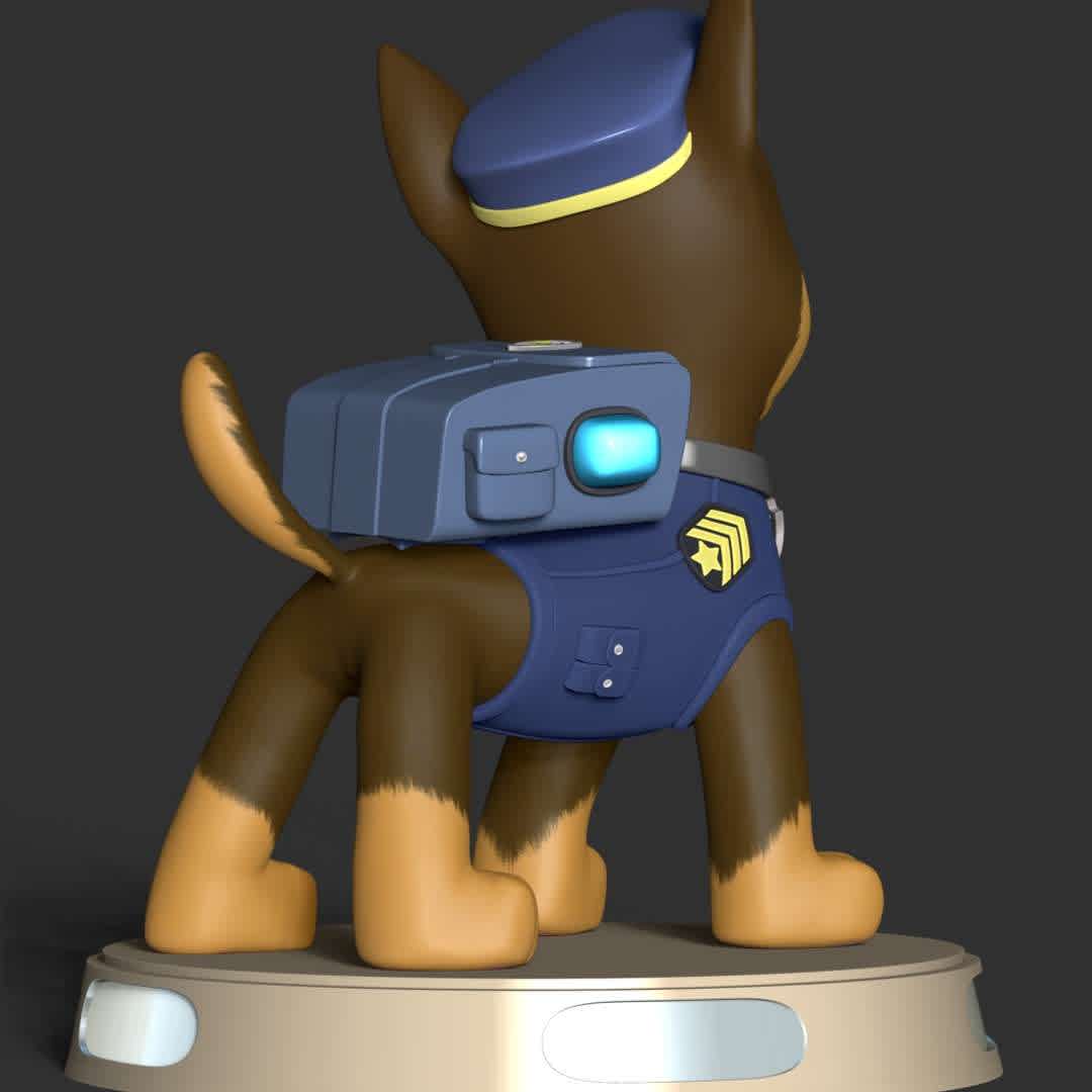 Paw Patrol - Chase - **These information basic of this model:**

- The model ready for 3D printing.
- The model current size is 30cm height, but you are free to scale it.
- Files format: STL, OBJ (included 5 separated files is ready for 3D printing).
- Also includes Zbrush original file (ZTL) for you to customize as you like.

Hope you like it.
If you have any questions please don't hesitate to contact me.
I will respond you ASAP. - Los mejores archivos para impresión 3D del mundo. Modelos Stl divididos en partes para facilitar la impresión 3D. Todo tipo de personajes, decoración, cosplay, prótesis, piezas. Calidad en impresión 3D. Modelos 3D asequibles. Bajo costo. Compras colectivas de archivos 3D.