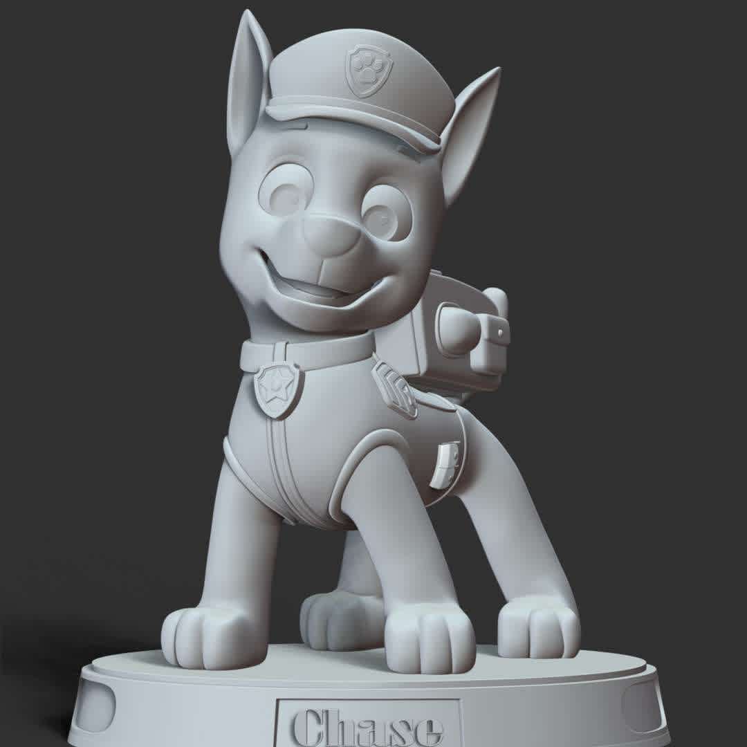 Paw Patrol - Chase - **These information basic of this model:**

- The model ready for 3D printing.
- The model current size is 30cm height, but you are free to scale it.
- Files format: STL, OBJ (included 5 separated files is ready for 3D printing).
- Also includes Zbrush original file (ZTL) for you to customize as you like.

Hope you like it.
If you have any questions please don't hesitate to contact me.
I will respond you ASAP. - Os melhores arquivos para impressão 3D do mundo. Modelos stl divididos em partes para facilitar a impressão 3D. Todos os tipos de personagens, decoração, cosplay, próteses, peças. Qualidade na impressão 3D. Modelos 3D com preço acessível. Baixo custo. Compras coletivas de arquivos 3D.