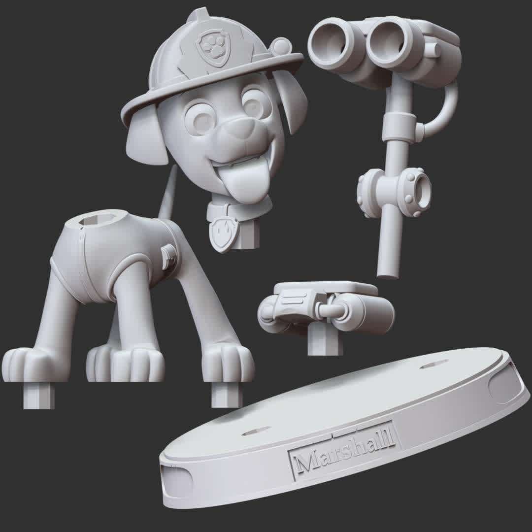 Paw Patrol - Marshall Fire  - **These information basic of this model:**

- The model ready for 3D printing.
- The model current size is 25cm height, but you are free to scale it.
- Files format: STL, OBJ (included 7 separated files is ready for 3D printing).
- Also includes Zbrush original file (ZTL) for you to customize as you like.

Hope you like her.
If you have any questions please don't hesitate to contact me.
I will respond you ASAP. - Los mejores archivos para impresión 3D del mundo. Modelos Stl divididos en partes para facilitar la impresión 3D. Todo tipo de personajes, decoración, cosplay, prótesis, piezas. Calidad en impresión 3D. Modelos 3D asequibles. Bajo costo. Compras colectivas de archivos 3D.