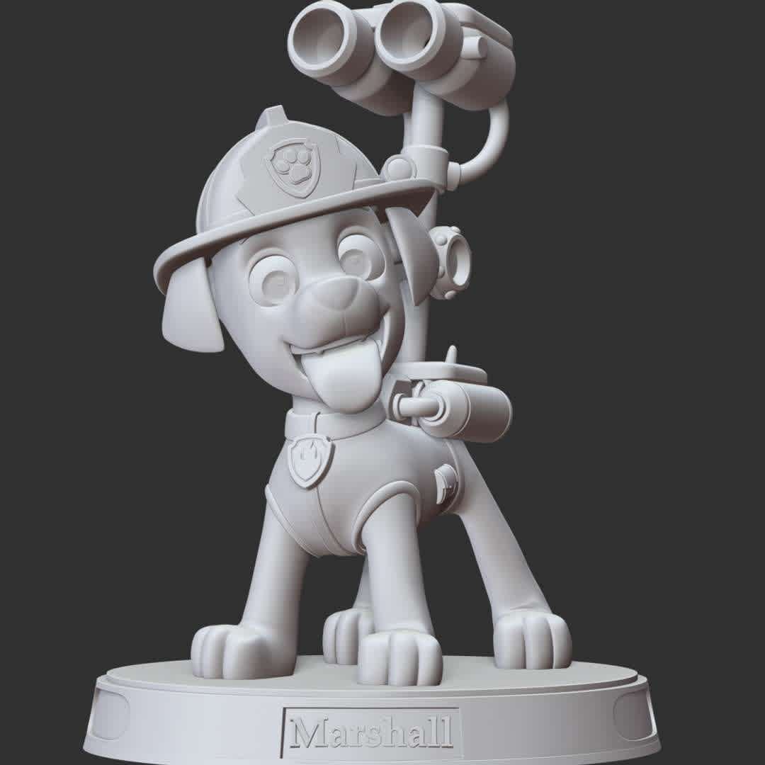 Paw Patrol - Marshall Fire  - **These information basic of this model:**

- The model ready for 3D printing.
- The model current size is 25cm height, but you are free to scale it.
- Files format: STL, OBJ (included 7 separated files is ready for 3D printing).
- Also includes Zbrush original file (ZTL) for you to customize as you like.

Hope you like her.
If you have any questions please don't hesitate to contact me.
I will respond you ASAP. - Los mejores archivos para impresión 3D del mundo. Modelos Stl divididos en partes para facilitar la impresión 3D. Todo tipo de personajes, decoración, cosplay, prótesis, piezas. Calidad en impresión 3D. Modelos 3D asequibles. Bajo costo. Compras colectivas de archivos 3D.