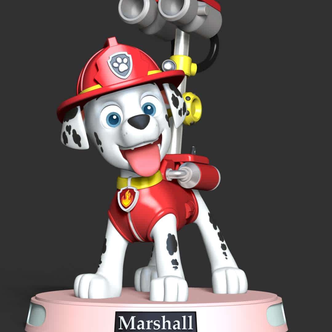 Paw Patrol - Marshall Fire  - **These information basic of this model:**

- The model ready for 3D printing.
- The model current size is 25cm height, but you are free to scale it.
- Files format: STL, OBJ (included 7 separated files is ready for 3D printing).
- Also includes Zbrush original file (ZTL) for you to customize as you like.

Hope you like her.
If you have any questions please don't hesitate to contact me.
I will respond you ASAP. - The best files for 3D printing in the world. Stl models divided into parts to facilitate 3D printing. All kinds of characters, decoration, cosplay, prosthetics, pieces. Quality in 3D printing. Affordable 3D models. Low cost. Collective purchases of 3D files.