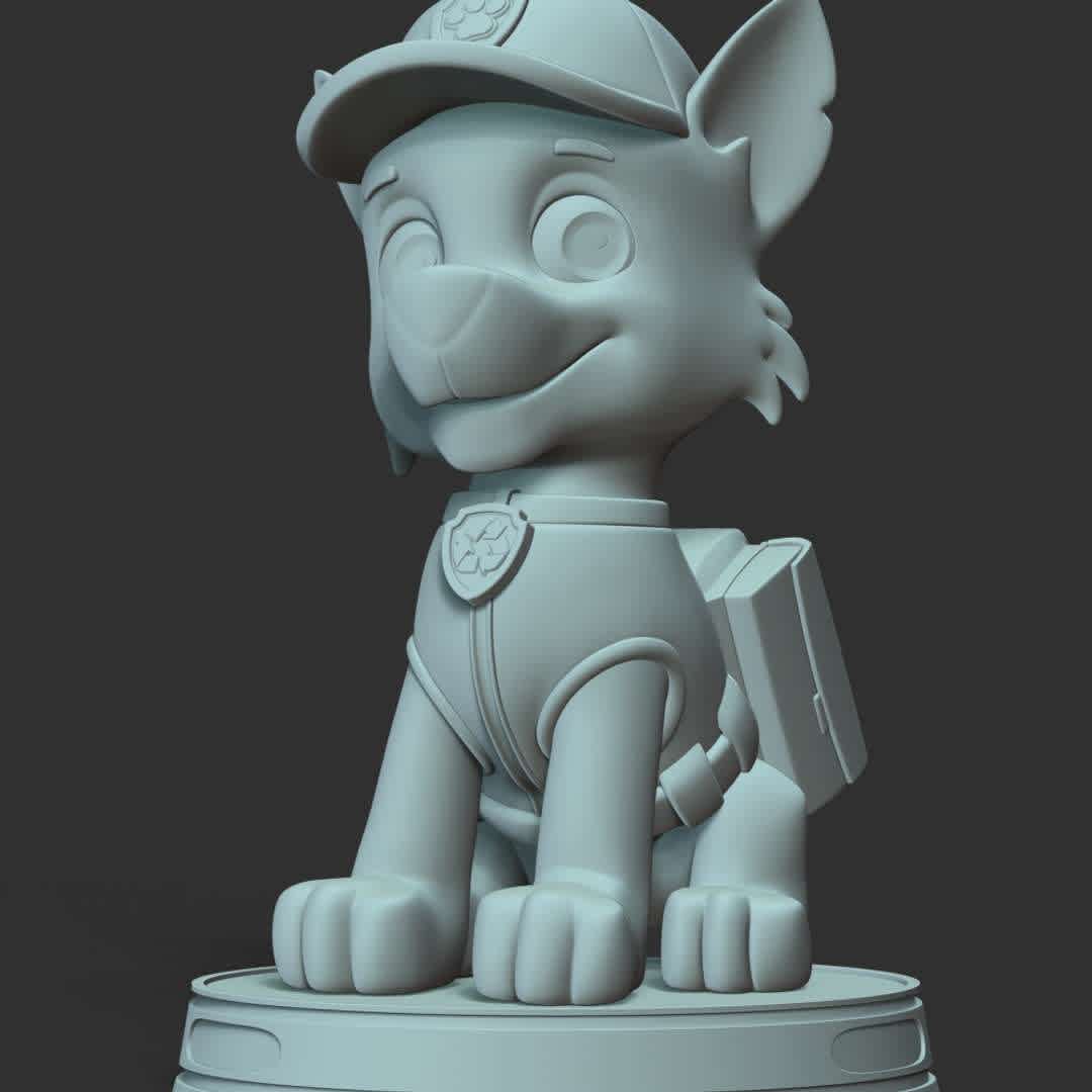 Paw Patrol- Rocky - **Rocky is main protagonists in the PAW Patrol. He is to use recycled items to fix broken objects.**

These information of model:

**- The height of current model is 30 cm but you can free to scale it.**

**- Format files: STL, OBJ to supporting 3D printing.**

Please don't hesitate to contact me if you have any issues question. - The best files for 3D printing in the world. Stl models divided into parts to facilitate 3D printing. All kinds of characters, decoration, cosplay, prosthetics, pieces. Quality in 3D printing. Affordable 3D models. Low cost. Collective purchases of 3D files.