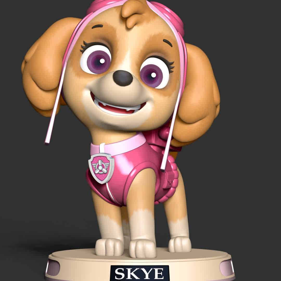 Paw Patrol - Skye - **These information basic of this model:**

- The model ready for 3D printing.
- The model current size is 25cm height, but you are free to scale it.
- Files format: STL, OBJ (included 7 separated files is ready for 3D printing).
- Also includes Zbrush original file (ZTL) for you to customize as you like.

Hope you like her.
If you have any questions please don't hesitate to contact me.
I will respond you ASAP. - The best files for 3D printing in the world. Stl models divided into parts to facilitate 3D printing. All kinds of characters, decoration, cosplay, prosthetics, pieces. Quality in 3D printing. Affordable 3D models. Low cost. Collective purchases of 3D files.
