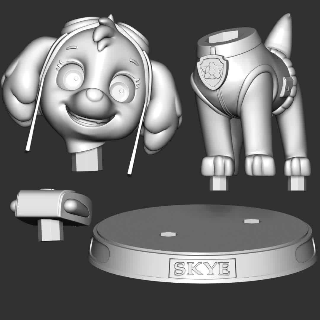 Paw Patrol - Skye - **These information basic of this model:**

- The model ready for 3D printing.
- The model current size is 25cm height, but you are free to scale it.
- Files format: STL, OBJ (included 7 separated files is ready for 3D printing).
- Also includes Zbrush original file (ZTL) for you to customize as you like.

Hope you like her.
If you have any questions please don't hesitate to contact me.
I will respond you ASAP. - The best files for 3D printing in the world. Stl models divided into parts to facilitate 3D printing. All kinds of characters, decoration, cosplay, prosthetics, pieces. Quality in 3D printing. Affordable 3D models. Low cost. Collective purchases of 3D files.