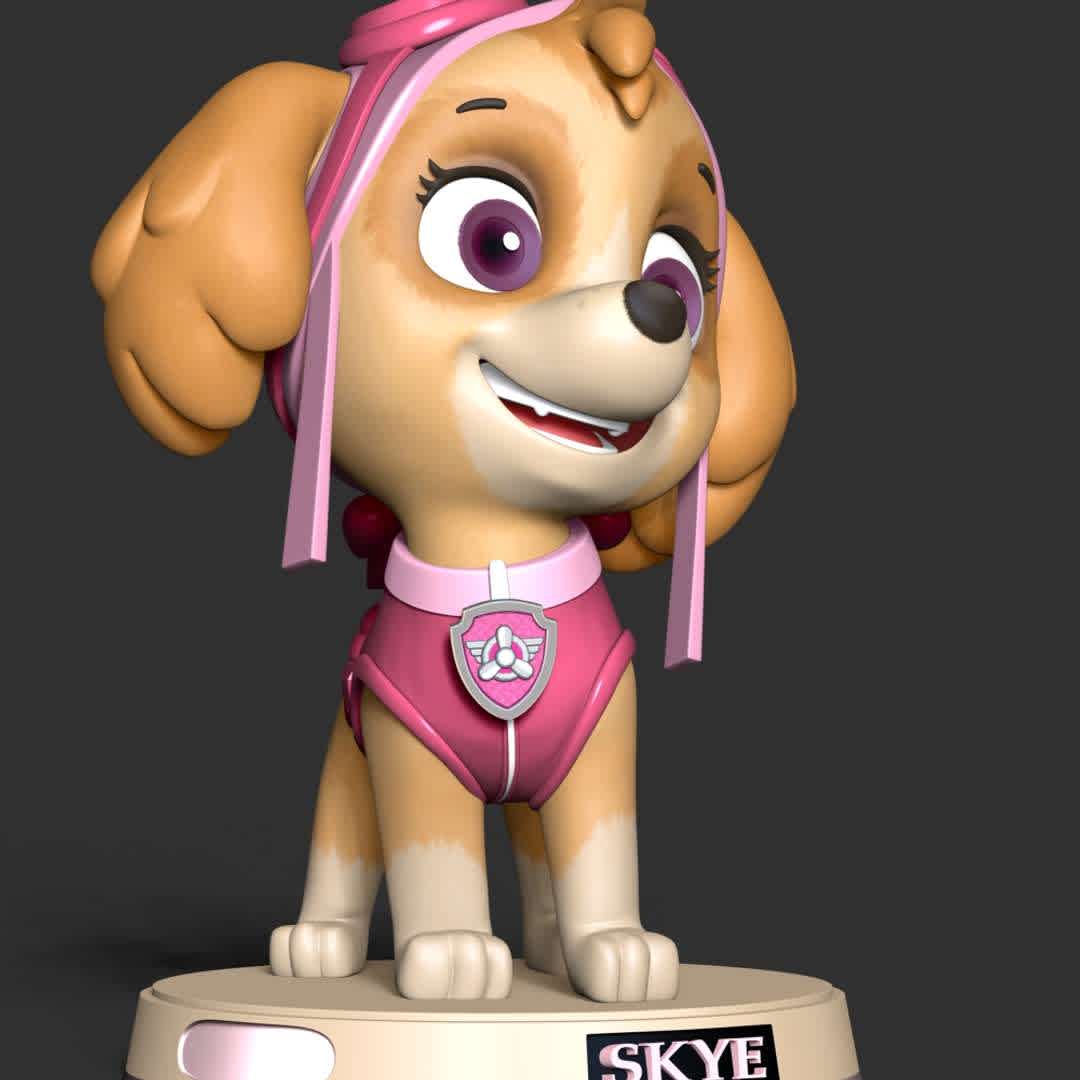 Paw Patrol - Skye - **These information basic of this model:**

- The model ready for 3D printing.
- The model current size is 25cm height, but you are free to scale it.
- Files format: STL, OBJ (included 7 separated files is ready for 3D printing).
- Also includes Zbrush original file (ZTL) for you to customize as you like.

Hope you like her.
If you have any questions please don't hesitate to contact me.
I will respond you ASAP. - The best files for 3D printing in the world. Stl models divided into parts to facilitate 3D printing. All kinds of characters, decoration, cosplay, prosthetics, pieces. Quality in 3D printing. Affordable 3D models. Low cost. Collective purchases of 3D files.