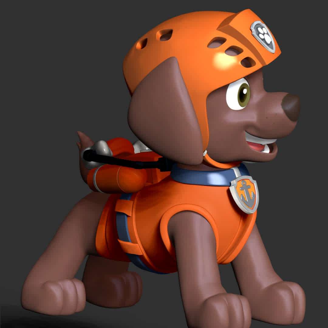  Paw Patrol - Zuma - These information of model:

**- The height of current model is 30 cm and you can free to scale it.**

**- Format files: STL, OBJ to supporting 3D printing.**

Please don't hesitate to contact me if you have any issues question. - The best files for 3D printing in the world. Stl models divided into parts to facilitate 3D printing. All kinds of characters, decoration, cosplay, prosthetics, pieces. Quality in 3D printing. Affordable 3D models. Low cost. Collective purchases of 3D files.