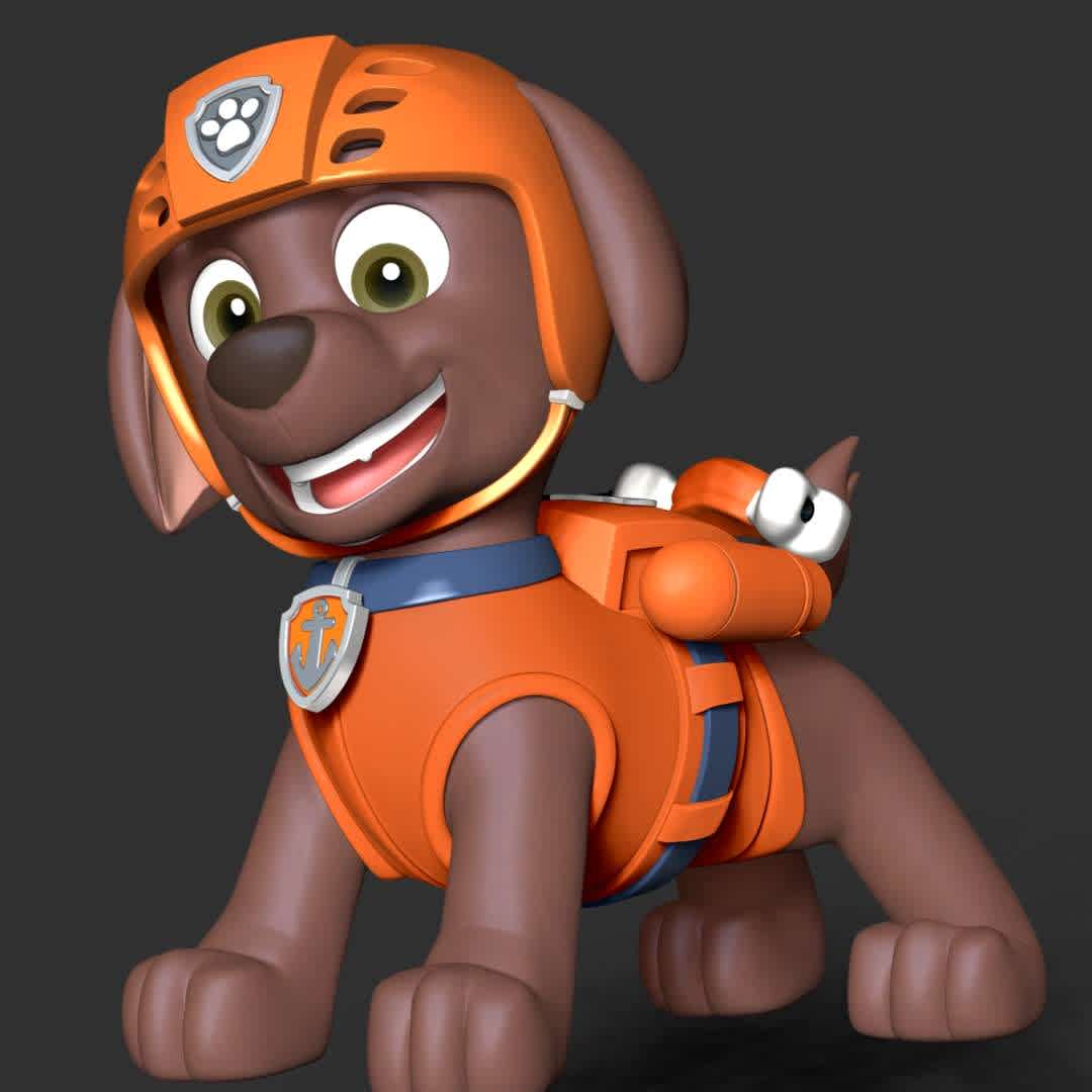  Paw Patrol - Zuma - These information of model:

**- The height of current model is 30 cm and you can free to scale it.**

**- Format files: STL, OBJ to supporting 3D printing.**

Please don't hesitate to contact me if you have any issues question. - The best files for 3D printing in the world. Stl models divided into parts to facilitate 3D printing. All kinds of characters, decoration, cosplay, prosthetics, pieces. Quality in 3D printing. Affordable 3D models. Low cost. Collective purchases of 3D files.