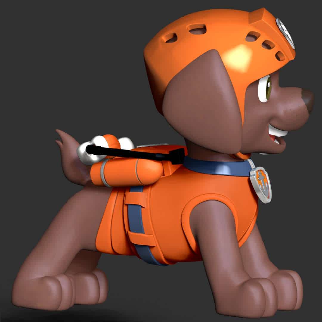  Paw Patrol - Zuma - These information of model:

**- The height of current model is 30 cm and you can free to scale it.**

**- Format files: STL, OBJ to supporting 3D printing.**

Please don't hesitate to contact me if you have any issues question. - The best files for 3D printing in the world. Stl models divided into parts to facilitate 3D printing. All kinds of characters, decoration, cosplay, prosthetics, pieces. Quality in 3D printing. Affordable 3D models. Low cost. Collective purchases of 3D files.