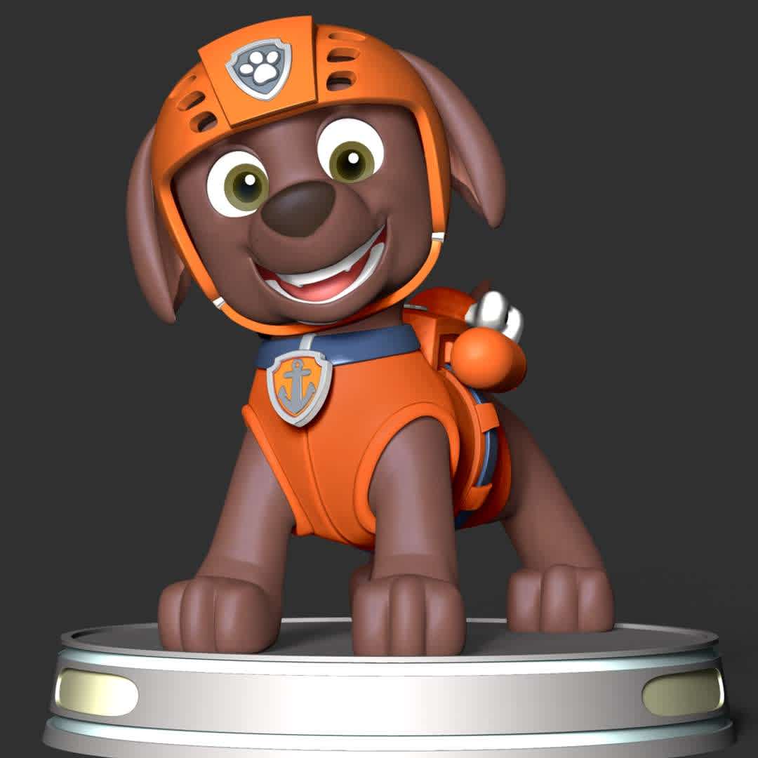  Paw Patrol - Zuma - These information of model:

**- The height of current model is 30 cm and you can free to scale it.**

**- Format files: STL, OBJ to supporting 3D printing.**

Please don't hesitate to contact me if you have any issues question. - The best files for 3D printing in the world. Stl models divided into parts to facilitate 3D printing. All kinds of characters, decoration, cosplay, prosthetics, pieces. Quality in 3D printing. Affordable 3D models. Low cost. Collective purchases of 3D files.