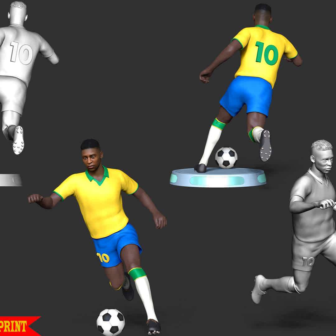 Pelé - King of football - Pelé is a Brazilian former professional footballer who played as a forward.
Pelé is one of the most praised players in football history and is regularly ranked the best player ever.
Pelé won the worldcup three times with the Brazilian team in 1958, 1962 &1970.

These information of this model:
- The model ready for 3D printing.
- The model current size is 20cm height, but you are free to scale it.
 - Files format: STL, OBJ (included 05 separated files is ready for 3D printing). 
 - Also includes Zbrush original file (ZTL) for you to customize as you like.

Hope you like him.
If you have any questions please don't hesitate to contact me. I will respond you ASAP. - The best files for 3D printing in the world. Stl models divided into parts to facilitate 3D printing. All kinds of characters, decoration, cosplay, prosthetics, pieces. Quality in 3D printing. Affordable 3D models. Low cost. Collective purchases of 3D files.