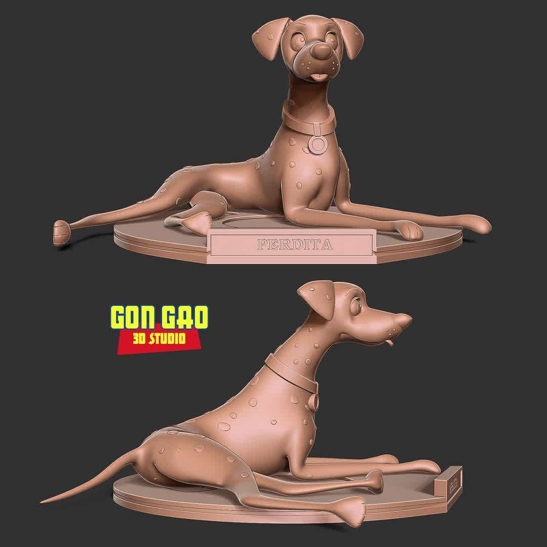 Perdita - 101 Dalmatians Fanart - "Perdita is the female protagonist of the 1961 Disney animated feature film One Hundred and One Dalmatians."

Basic parameters:

- STL format for 3D printing with 03 discrete objects
- Model height: 30 cm
- Version 1.0 - Polygons: 1167424 & Vertices: 652394

Model ready for 3D printing.

Please vote positively for me if you find this model useful. - Los mejores archivos para impresión 3D del mundo. Modelos Stl divididos en partes para facilitar la impresión 3D. Todo tipo de personajes, decoración, cosplay, prótesis, piezas. Calidad en impresión 3D. Modelos 3D asequibles. Bajo costo. Compras colectivas de archivos 3D.