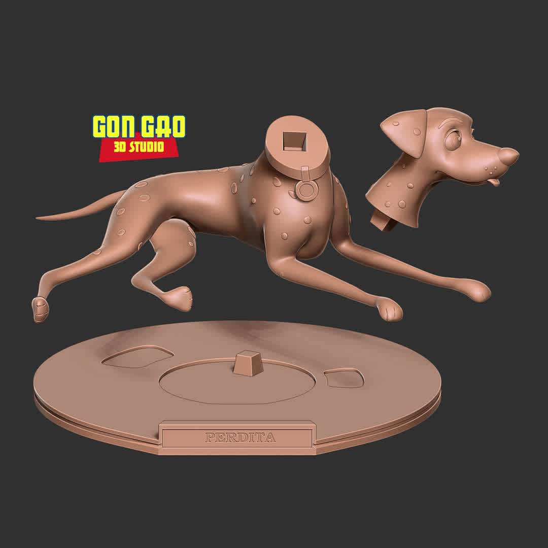 Perdita - 101 Dalmatians Fanart - "Perdita is the female protagonist of the 1961 Disney animated feature film One Hundred and One Dalmatians."

Basic parameters:

- STL format for 3D printing with 03 discrete objects
- Model height: 30 cm
- Version 1.0 - Polygons: 1167424 & Vertices: 652394

Model ready for 3D printing.

Please vote positively for me if you find this model useful. - Los mejores archivos para impresión 3D del mundo. Modelos Stl divididos en partes para facilitar la impresión 3D. Todo tipo de personajes, decoración, cosplay, prótesis, piezas. Calidad en impresión 3D. Modelos 3D asequibles. Bajo costo. Compras colectivas de archivos 3D.