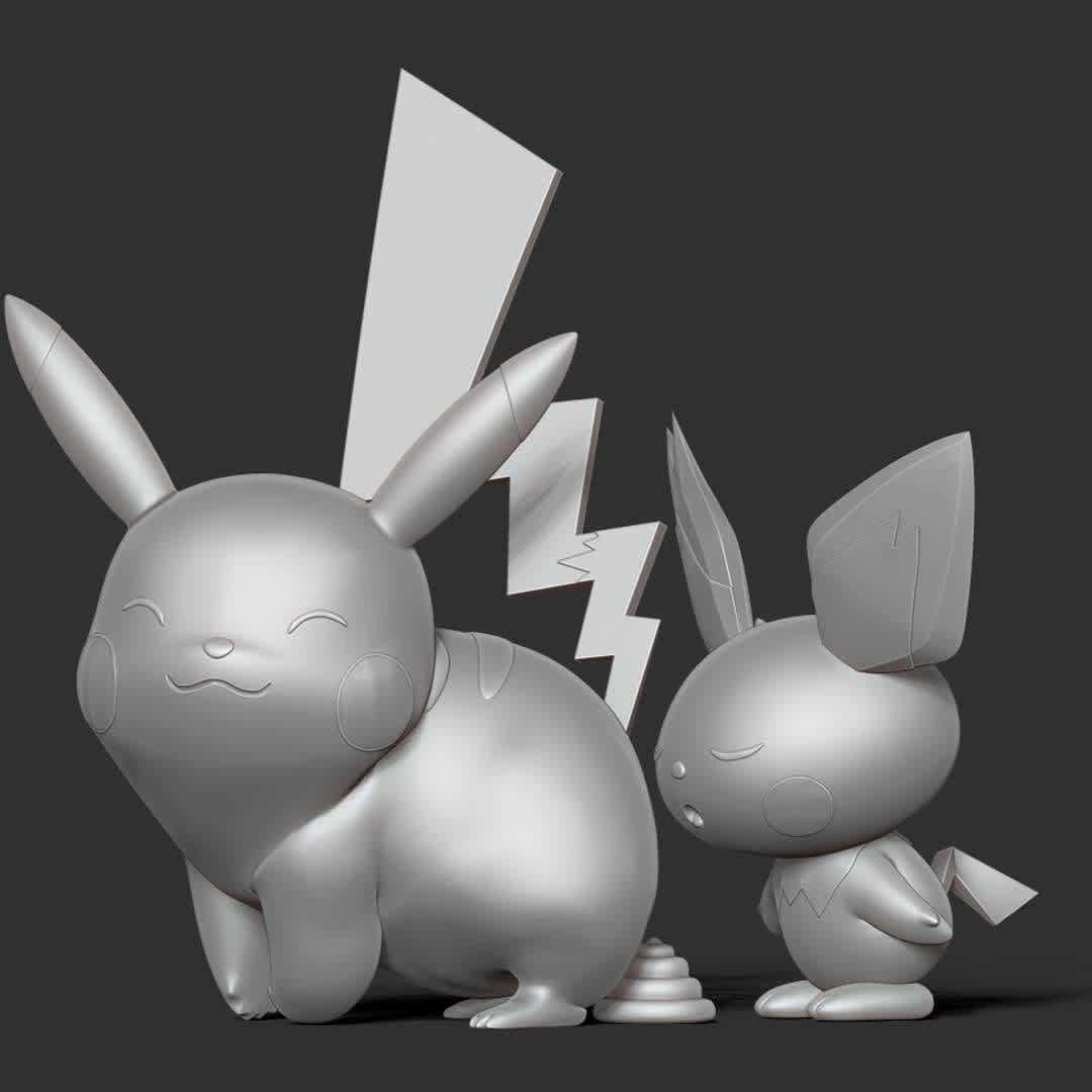 Pikachu and Pichu - I think it's ungainly with this action, but it is a very funny idea.

Basic parameters:

- STL, OBJ format for 3D printing with 04 discrete objects
- ZTL format for Zbrush (version 2019.1.2 or later)
- Model height: 15cm
- Version 1.0 - Polygons: 914133 & Vertices: 490200

Model ready for 3D printing.

Please vote positively for me if you find this model useful. - The best files for 3D printing in the world. Stl models divided into parts to facilitate 3D printing. All kinds of characters, decoration, cosplay, prosthetics, pieces. Quality in 3D printing. Affordable 3D models. Low cost. Collective purchases of 3D files.