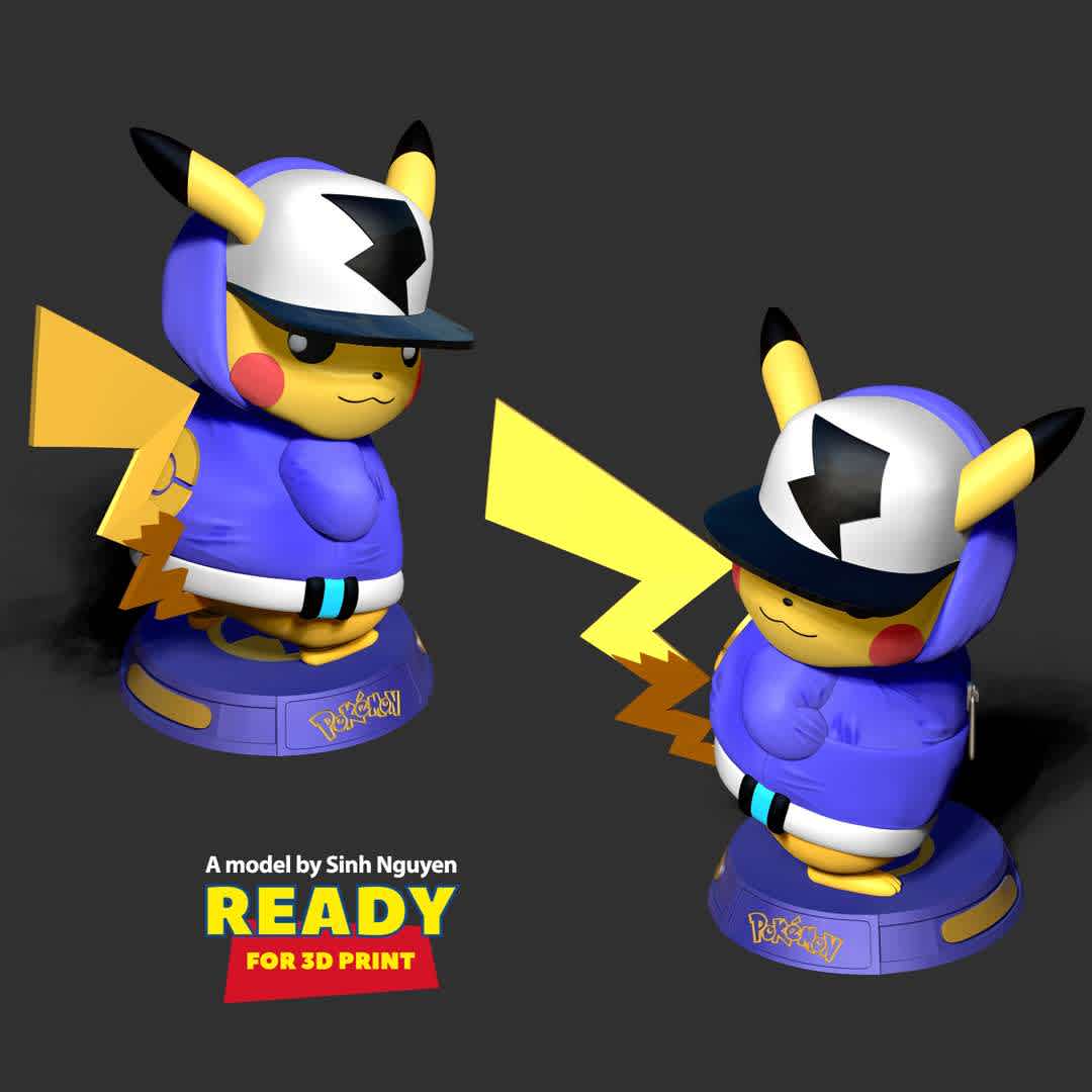 Pikachu Hip-hop - Pikachu: This is the rare time that I look back in time!

Basic parameters:

- STL, OBJ format for 3D printing with 3 discrete objects
- ZTL format for Zbrush (version 2019.1.2 or later)
- Model height: 15cm
- Version 1.0

Model ready for 3D printing.

Hope you like him. Thanks for viewing! - The best files for 3D printing in the world. Stl models divided into parts to facilitate 3D printing. All kinds of characters, decoration, cosplay, prosthetics, pieces. Quality in 3D printing. Affordable 3D models. Low cost. Collective purchases of 3D files.