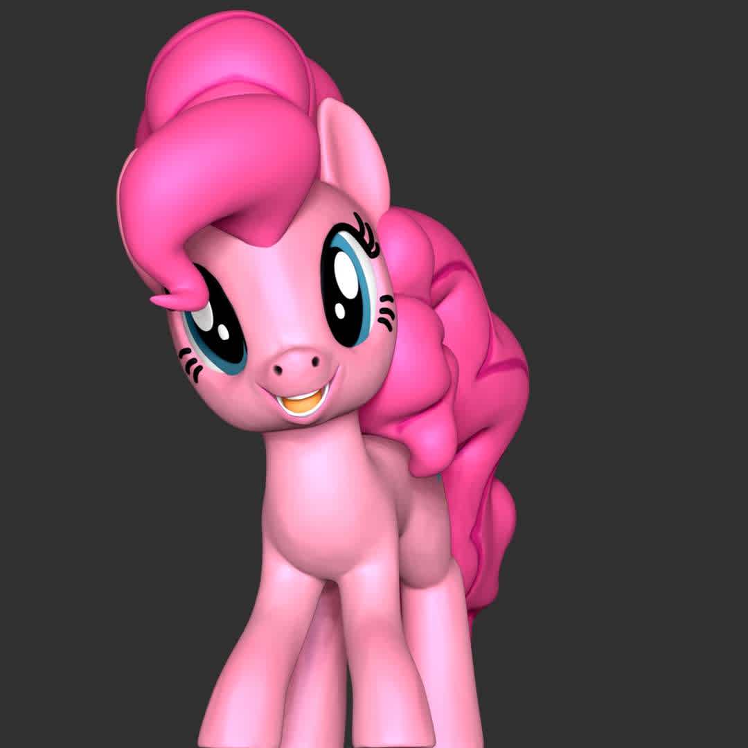  Pinkie Pie - My Little Pony - **Pinkie Pie, full name Pinkamena Diane Pie is a female Earth pony and one of the main characters of My Little Pony Friendship is Magic.**

**The model ready for 3D printing.**

These information of model:

**- The height of current model is 20 cm and you can free to scale it.**

**- Format files: STL, OBJ to supporting 3D printing.**

**- Can be assembled without glue (glue is optional)**

**- Split down to 2 parts**

**- ZTL format for Zbrush for you to customize as you like.**

Please don't hesitate to contact me if you have any issues question.

If you see this model useful, please vote positively for it. - Los mejores archivos para impresión 3D del mundo. Modelos Stl divididos en partes para facilitar la impresión 3D. Todo tipo de personajes, decoración, cosplay, prótesis, piezas. Calidad en impresión 3D. Modelos 3D asequibles. Bajo costo. Compras colectivas de archivos 3D.