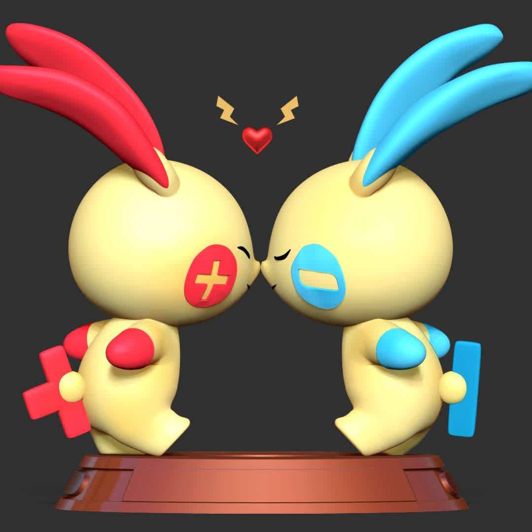 Plusle and Minun - Pokemon Fanart  - Love makes us stronger!!!

Basic parameters:

- STL, OBJ format for 3D printing with 03 discrete objects
- ZTL format for Zbrush (version 2019.1.2 or later)
- Model height: 15cm
- Version 1.0 - Polygons: 1441268 & Vertices: 1004586

Model ready for 3D printing.

Hope you like them. Thanks for viewing! - Los mejores archivos para impresión 3D del mundo. Modelos Stl divididos en partes para facilitar la impresión 3D. Todo tipo de personajes, decoración, cosplay, prótesis, piezas. Calidad en impresión 3D. Modelos 3D asequibles. Bajo costo. Compras colectivas de archivos 3D.