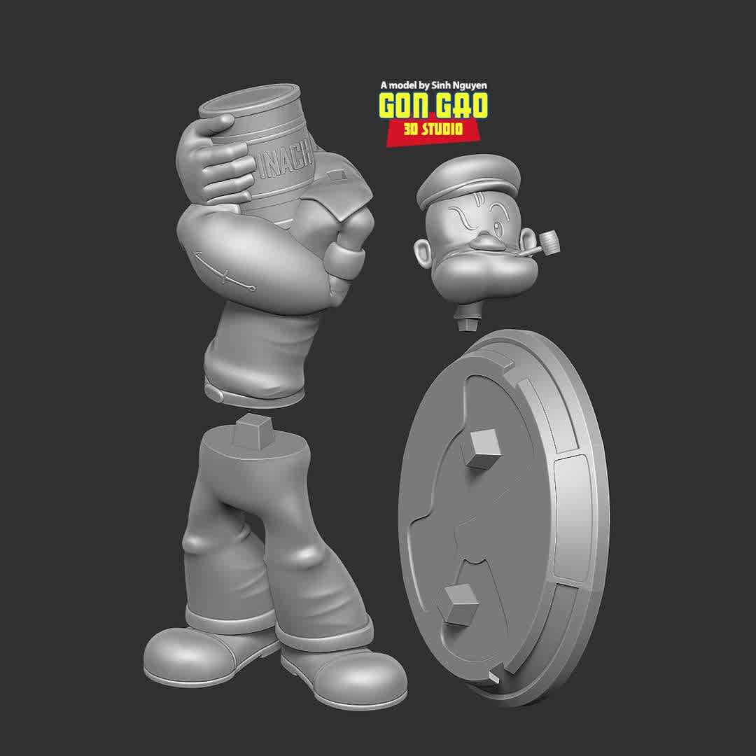 Popeye likes Spinach - "Popeye also eats spinach through his pipe, sometimes sucking in the can along with the contents."

Basic parameters:

- STL format for 3D printing with 04 discrete objects
- Model height: 20cm
- Version 1.0 - Polygons: 2130236 & Vertices: 1147365

Model ready for 3D printing.

Please vote positively for me if you find this model useful. - Os melhores arquivos para impressão 3D do mundo. Modelos stl divididos em partes para facilitar a impressão 3D. Todos os tipos de personagens, decoração, cosplay, próteses, peças. Qualidade na impressão 3D. Modelos 3D com preço acessível. Baixo custo. Compras coletivas de arquivos 3D.