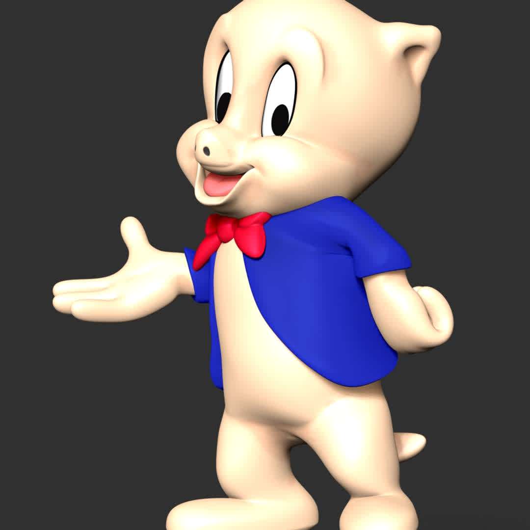 Porky Pig - Looney Tunes  - Porky Pig is an animated character in the Warner Bros. Looney Tunes and Merrie Melodies series of cartoons. He was the first character created by the studio to draw audiences based on his star power.

These information details of this model:

- Files format: STL, OBJ (included 02 separated files is ready for 3D printing). 
 - Zbrush original file (ZTL) for you to customize as you like.
 - The height is 15 cm
 - The version 1.0 

Hope you like him.
Don't hesitate to contact me if there are any problems during printing the model. - The best files for 3D printing in the world. Stl models divided into parts to facilitate 3D printing. All kinds of characters, decoration, cosplay, prosthetics, pieces. Quality in 3D printing. Affordable 3D models. Low cost. Collective purchases of 3D files.