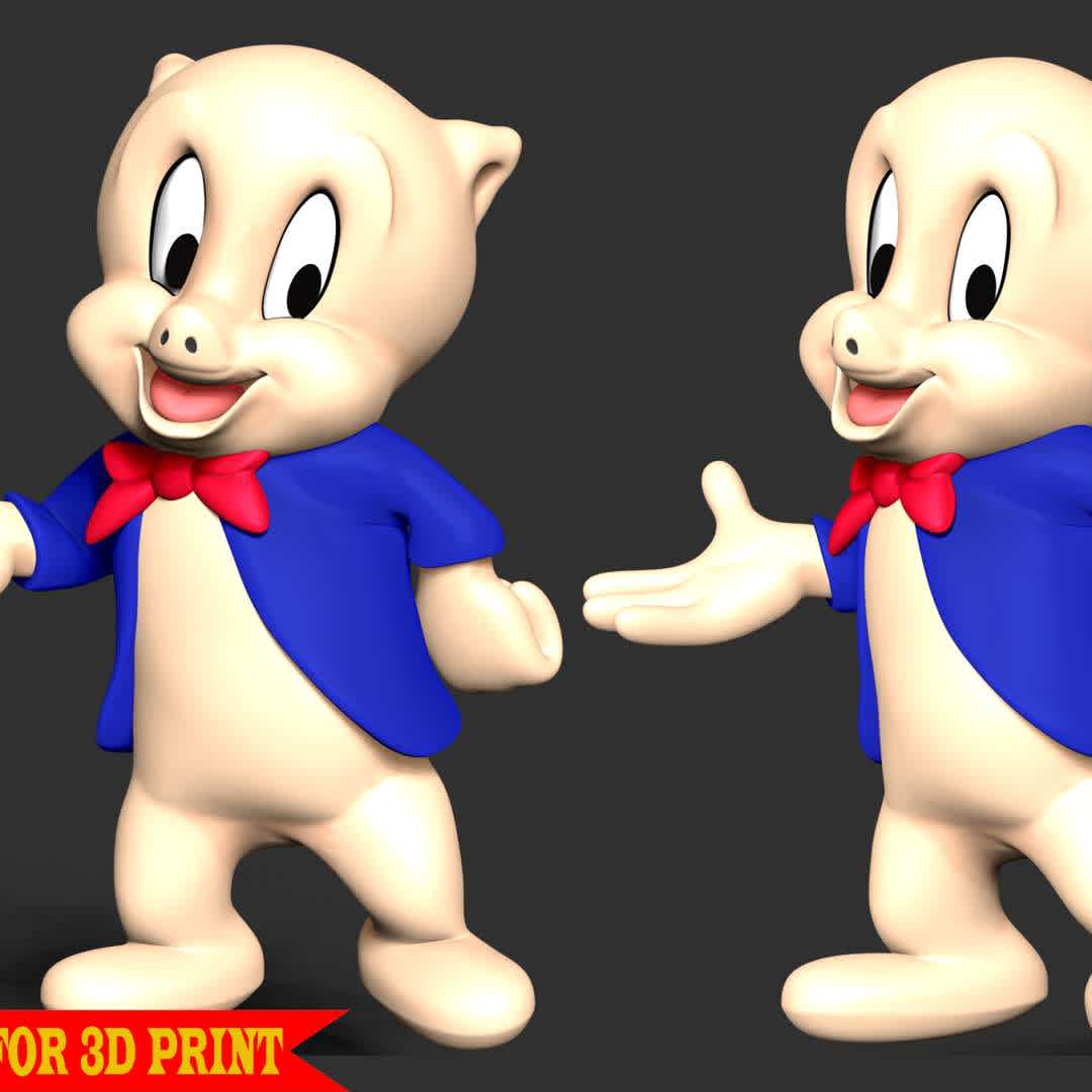 Porky Pig - Looney Tunes  - Porky Pig is an animated character in the Warner Bros. Looney Tunes and Merrie Melodies series of cartoons. He was the first character created by the studio to draw audiences based on his star power.

These information details of this model:

- Files format: STL, OBJ (included 02 separated files is ready for 3D printing). 
 - Zbrush original file (ZTL) for you to customize as you like.
 - The height is 15 cm
 - The version 1.0 

Hope you like him.
Don't hesitate to contact me if there are any problems during printing the model. - Os melhores arquivos para impressão 3D do mundo. Modelos stl divididos em partes para facilitar a impressão 3D. Todos os tipos de personagens, decoração, cosplay, próteses, peças. Qualidade na impressão 3D. Modelos 3D com preço acessível. Baixo custo. Compras coletivas de arquivos 3D.