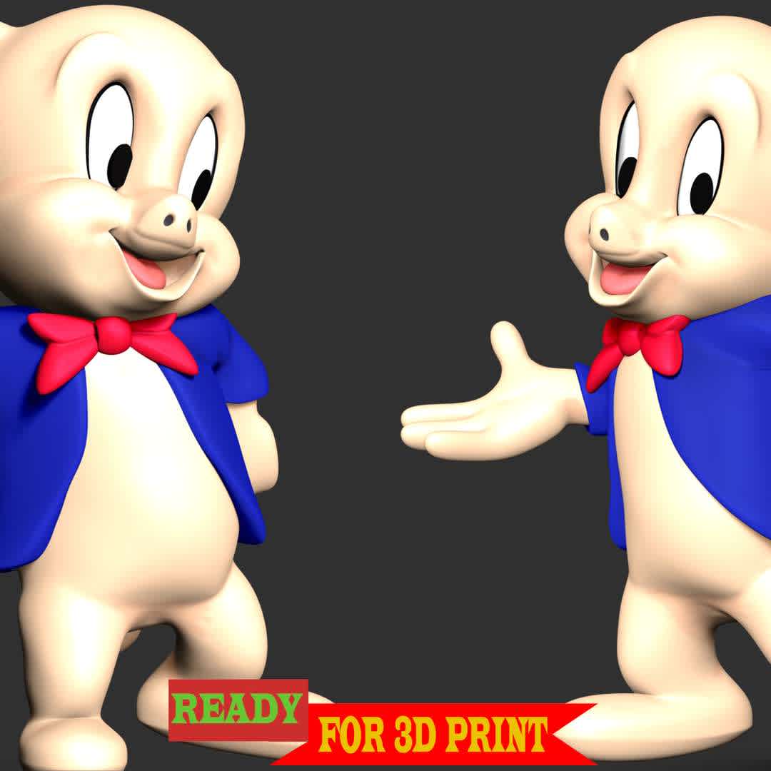 Porky Pig - Looney Tunes  - Porky Pig is an animated character in the Warner Bros. Looney Tunes and Merrie Melodies series of cartoons. He was the first character created by the studio to draw audiences based on his star power.

These information details of this model:

- Files format: STL, OBJ (included 02 separated files is ready for 3D printing). 
 - Zbrush original file (ZTL) for you to customize as you like.
 - The height is 15 cm
 - The version 1.0 

Hope you like him.
Don't hesitate to contact me if there are any problems during printing the model. - Os melhores arquivos para impressão 3D do mundo. Modelos stl divididos em partes para facilitar a impressão 3D. Todos os tipos de personagens, decoração, cosplay, próteses, peças. Qualidade na impressão 3D. Modelos 3D com preço acessível. Baixo custo. Compras coletivas de arquivos 3D.