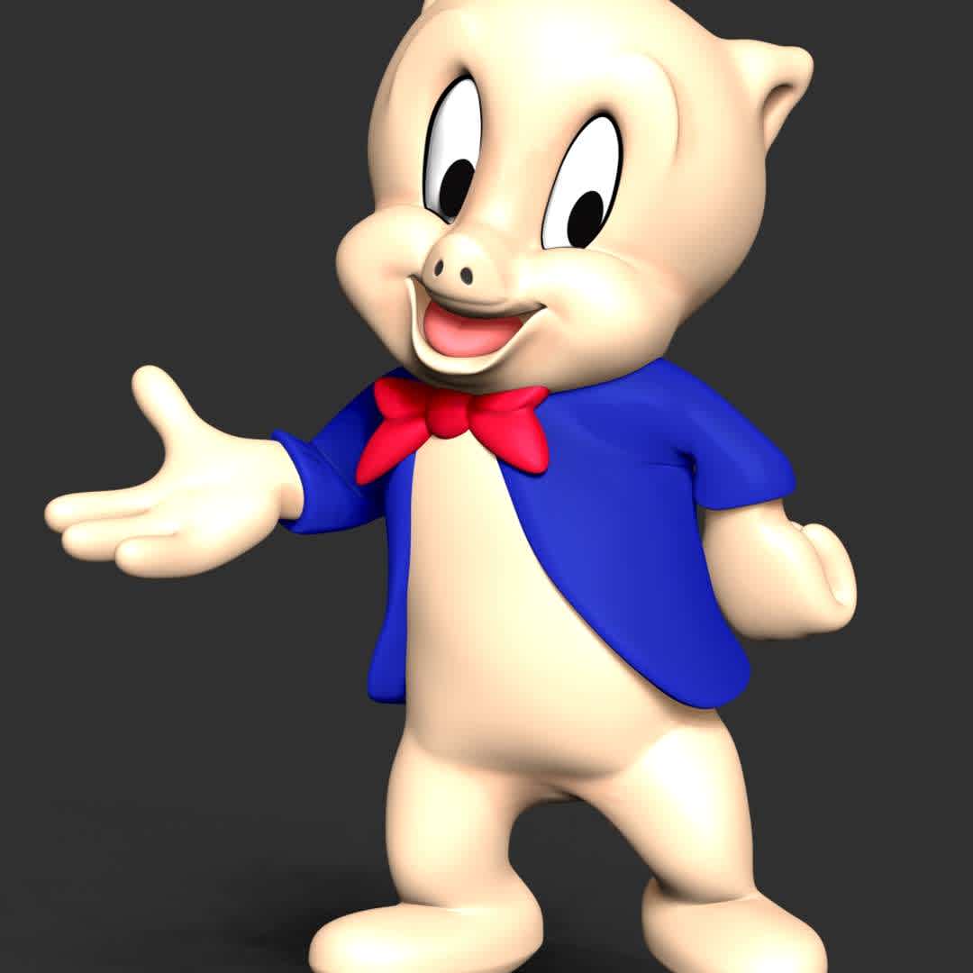 Porky Pig - Looney Tunes  - Porky Pig is an animated character in the Warner Bros. Looney Tunes and Merrie Melodies series of cartoons. He was the first character created by the studio to draw audiences based on his star power.

These information details of this model:

- Files format: STL, OBJ (included 02 separated files is ready for 3D printing). 
 - Zbrush original file (ZTL) for you to customize as you like.
 - The height is 15 cm
 - The version 1.0 

Hope you like him.
Don't hesitate to contact me if there are any problems during printing the model. - The best files for 3D printing in the world. Stl models divided into parts to facilitate 3D printing. All kinds of characters, decoration, cosplay, prosthetics, pieces. Quality in 3D printing. Affordable 3D models. Low cost. Collective purchases of 3D files.