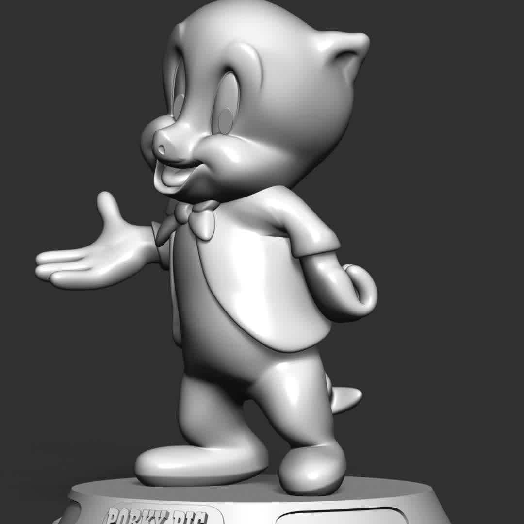 Porky Pig - Looney Tunes  - Porky Pig is an animated character in the Warner Bros. Looney Tunes and Merrie Melodies series of cartoons. He was the first character created by the studio to draw audiences based on his star power.

These information details of this model:

- Files format: STL, OBJ (included 02 separated files is ready for 3D printing). 
 - Zbrush original file (ZTL) for you to customize as you like.
 - The height is 15 cm
 - The version 1.0 

Hope you like him.
Don't hesitate to contact me if there are any problems during printing the model. - The best files for 3D printing in the world. Stl models divided into parts to facilitate 3D printing. All kinds of characters, decoration, cosplay, prosthetics, pieces. Quality in 3D printing. Affordable 3D models. Low cost. Collective purchases of 3D files.