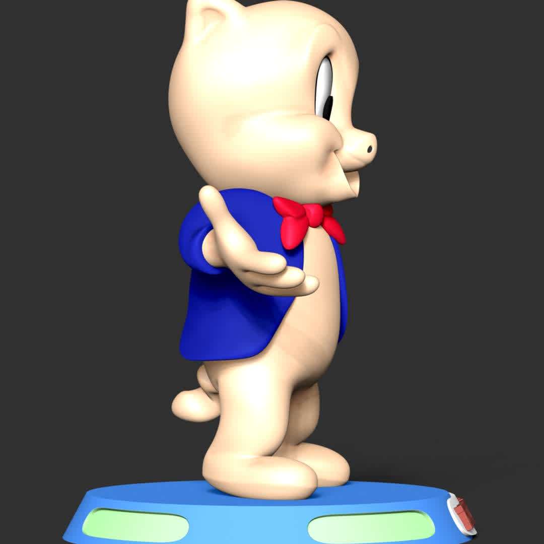 Porky Pig - Looney Tunes  - Porky Pig is an animated character in the Warner Bros. Looney Tunes and Merrie Melodies series of cartoons. He was the first character created by the studio to draw audiences based on his star power.

These information details of this model:

- Files format: STL, OBJ (included 02 separated files is ready for 3D printing). 
 - Zbrush original file (ZTL) for you to customize as you like.
 - The height is 15 cm
 - The version 1.0 

Hope you like him.
Don't hesitate to contact me if there are any problems during printing the model. - The best files for 3D printing in the world. Stl models divided into parts to facilitate 3D printing. All kinds of characters, decoration, cosplay, prosthetics, pieces. Quality in 3D printing. Affordable 3D models. Low cost. Collective purchases of 3D files.