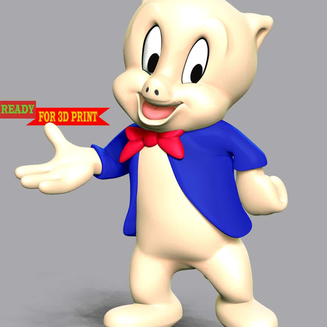 Porky Pig - Looney Tunes  - Porky Pig is an animated character in the Warner Bros. Looney Tunes and Merrie Melodies series of cartoons. He was the first character created by the studio to draw audiences based on his star power.

These information details of this model:

- Files format: STL, OBJ (included 02 separated files is ready for 3D printing). 
 - Zbrush original file (ZTL) for you to customize as you like.
 - The height is 15 cm
 - The version 1.0 

Hope you like him.
Don't hesitate to contact me if there are any problems during printing the model. - Os melhores arquivos para impressão 3D do mundo. Modelos stl divididos em partes para facilitar a impressão 3D. Todos os tipos de personagens, decoração, cosplay, próteses, peças. Qualidade na impressão 3D. Modelos 3D com preço acessível. Baixo custo. Compras coletivas de arquivos 3D.