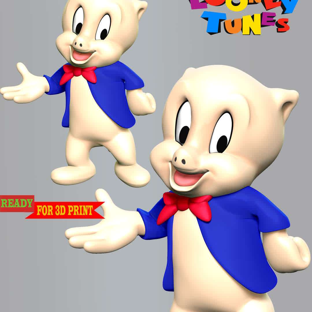 Porky Pig - Looney Tunes  - Porky Pig is an animated character in the Warner Bros. Looney Tunes and Merrie Melodies series of cartoons. He was the first character created by the studio to draw audiences based on his star power.

These information details of this model:

- Files format: STL, OBJ (included 02 separated files is ready for 3D printing). 
 - Zbrush original file (ZTL) for you to customize as you like.
 - The height is 15 cm
 - The version 1.0 

Hope you like him.
Don't hesitate to contact me if there are any problems during printing the model. - Los mejores archivos para impresión 3D del mundo. Modelos Stl divididos en partes para facilitar la impresión 3D. Todo tipo de personajes, decoración, cosplay, prótesis, piezas. Calidad en impresión 3D. Modelos 3D asequibles. Bajo costo. Compras colectivas de archivos 3D.