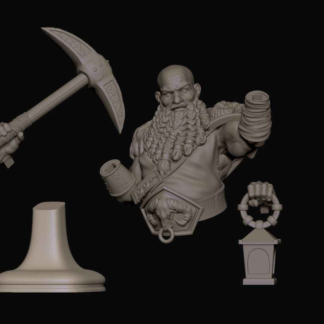 Dwarf Minerador - Busto Anão minerador para RPG de tabuleiro na escala de 100mm e 75mm. 
Miner Dwarf Bust for board RPG on the scale of 100mm and 75mm - The best files for 3D printing in the world. Stl models divided into parts to facilitate 3D printing. All kinds of characters, decoration, cosplay, prosthetics, pieces. Quality in 3D printing. Affordable 3D models. Low cost. Collective purchases of 3D files.