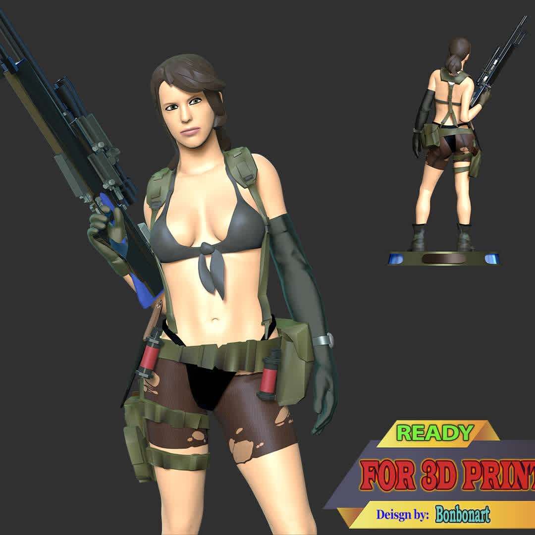 Quiet - Metal Gear Solid 5 - When you purchase this model, you will own:

  - STL, OBJ file with 05 separated files (included key to connect parts) is ready for 3D printing.
  - Zbrush original files (ZTL) for you to customize as you like.

This is version 1.0 of this model.
Thanks for viewing! Hope you like her. - The best files for 3D printing in the world. Stl models divided into parts to facilitate 3D printing. All kinds of characters, decoration, cosplay, prosthetics, pieces. Quality in 3D printing. Affordable 3D models. Low cost. Collective purchases of 3D files.