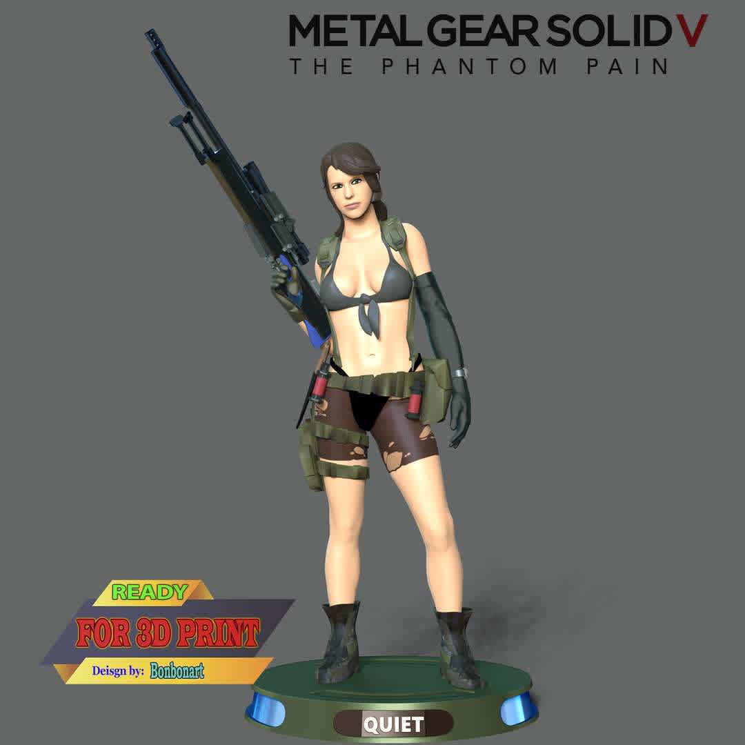 Quiet - Metal Gear Solid 5 - When you purchase this model, you will own:

  - STL, OBJ file with 05 separated files (included key to connect parts) is ready for 3D printing.
  - Zbrush original files (ZTL) for you to customize as you like.

This is version 1.0 of this model.
Thanks for viewing! Hope you like her. - Los mejores archivos para impresión 3D del mundo. Modelos Stl divididos en partes para facilitar la impresión 3D. Todo tipo de personajes, decoración, cosplay, prótesis, piezas. Calidad en impresión 3D. Modelos 3D asequibles. Bajo costo. Compras colectivas de archivos 3D.