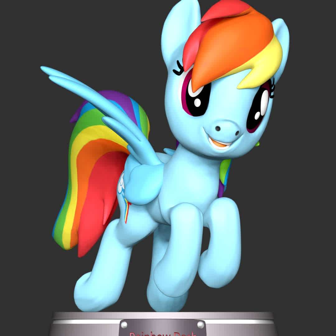 Rainbow Dash - My Little Pony - **Rainbow Dash is a female Pegasus pony and one of the main characters in My Little Pony Friendship is Magic.**

**The model ready for 3D printing.**

These information of model:

**- The height of current model is 20 cm and you can free to scale it.**

**- Format files: STL, OBJ to supporting 3D printing.**

**- Can be assembled without glue (glue is optional)**

**- Split down to 2 parts**

**- ZTL format for Zbrush for you to customize as you like.**

Please don't hesitate to contact me if you have any issues question.

If you see this model useful, please vote positively for it. - The best files for 3D printing in the world. Stl models divided into parts to facilitate 3D printing. All kinds of characters, decoration, cosplay, prosthetics, pieces. Quality in 3D printing. Affordable 3D models. Low cost. Collective purchases of 3D files.