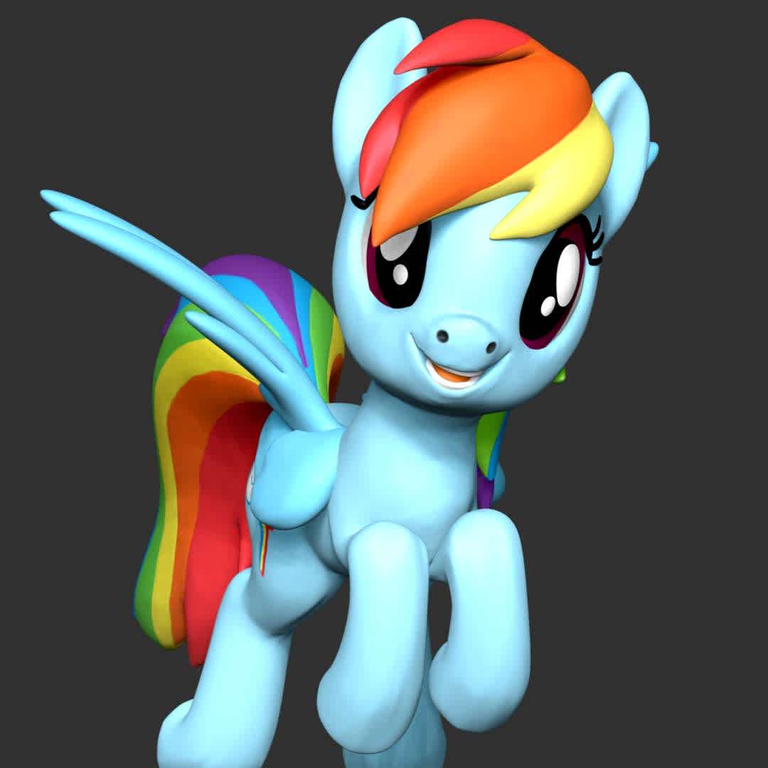 Rainbow Dash - My Little Pony - **Rainbow Dash is a female Pegasus pony and one of the main characters in My Little Pony Friendship is Magic.**

**The model ready for 3D printing.**

These information of model:

**- The height of current model is 20 cm and you can free to scale it.**

**- Format files: STL, OBJ to supporting 3D printing.**

**- Can be assembled without glue (glue is optional)**

**- Split down to 2 parts**

**- ZTL format for Zbrush for you to customize as you like.**

Please don't hesitate to contact me if you have any issues question.

If you see this model useful, please vote positively for it. - Los mejores archivos para impresión 3D del mundo. Modelos Stl divididos en partes para facilitar la impresión 3D. Todo tipo de personajes, decoración, cosplay, prótesis, piezas. Calidad en impresión 3D. Modelos 3D asequibles. Bajo costo. Compras colectivas de archivos 3D.