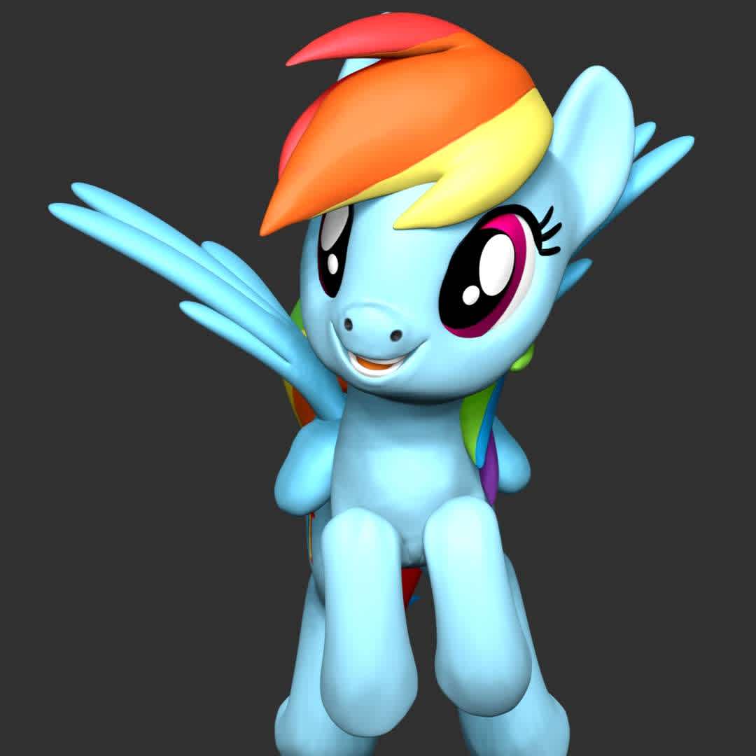 Rainbow Dash - My Little Pony - **Rainbow Dash is a female Pegasus pony and one of the main characters in My Little Pony Friendship is Magic.**

**The model ready for 3D printing.**

These information of model:

**- The height of current model is 20 cm and you can free to scale it.**

**- Format files: STL, OBJ to supporting 3D printing.**

**- Can be assembled without glue (glue is optional)**

**- Split down to 2 parts**

**- ZTL format for Zbrush for you to customize as you like.**

Please don't hesitate to contact me if you have any issues question.

If you see this model useful, please vote positively for it. - The best files for 3D printing in the world. Stl models divided into parts to facilitate 3D printing. All kinds of characters, decoration, cosplay, prosthetics, pieces. Quality in 3D printing. Affordable 3D models. Low cost. Collective purchases of 3D files.