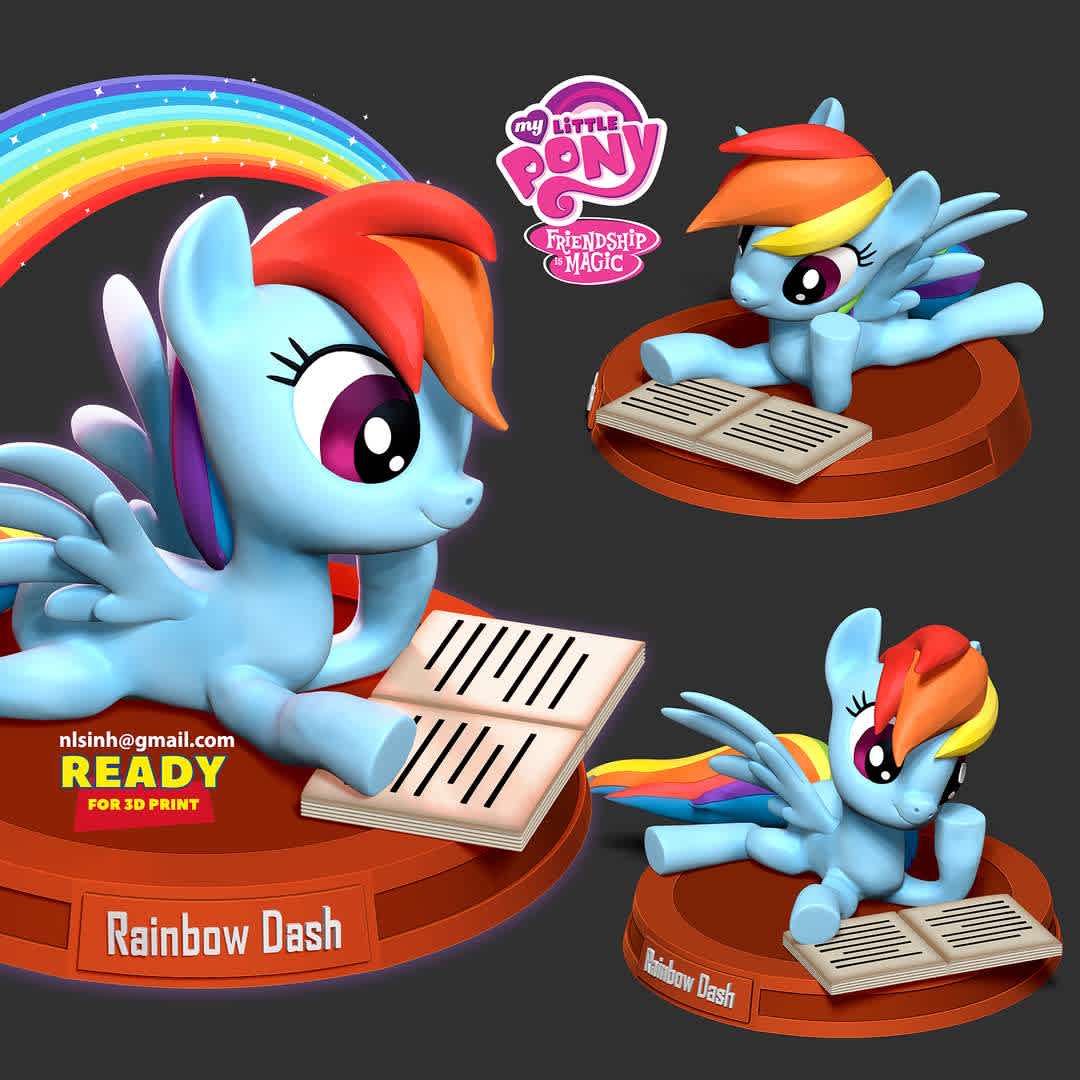 Rainbow Dash - Rainbow Dash is a female Pegasus pony and one of the main characters in My Little Pony Friendship is Magic.

Information: this model has a height of 07cm.

When you purchase this model, you will own:

-STL, OBJ file with 06 separated files (with key to connect together) is ready for 3D printing.

-Zbrush original files (ZTL) for you to customize as you like.

This is version 1.0 of this model.

Hope you like her. Thanks for viewing! - The best files for 3D printing in the world. Stl models divided into parts to facilitate 3D printing. All kinds of characters, decoration, cosplay, prosthetics, pieces. Quality in 3D printing. Affordable 3D models. Low cost. Collective purchases of 3D files.