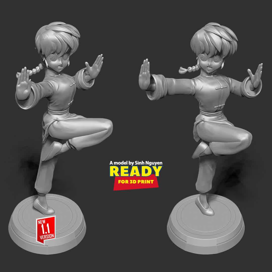 Ranma - "Ranma ½ is a Japanese manga series written and illustrated by Rumiko Takahashi. - Wikipedia"

Information: this model has a height of 20cm.

When you purchase this model, you will receive:

- File STL with 04 parts are extracted and created key. Ready for 3D printing.


* 1st September, 2020: This version is 1.0
* 12th August, 2022: version 1.1 - Refine the model & Merge discrete parts together.
Thanks for your support. Hope you guys like her! - Os melhores arquivos para impressão 3D do mundo. Modelos stl divididos em partes para facilitar a impressão 3D. Todos os tipos de personagens, decoração, cosplay, próteses, peças. Qualidade na impressão 3D. Modelos 3D com preço acessível. Baixo custo. Compras coletivas de arquivos 3D.