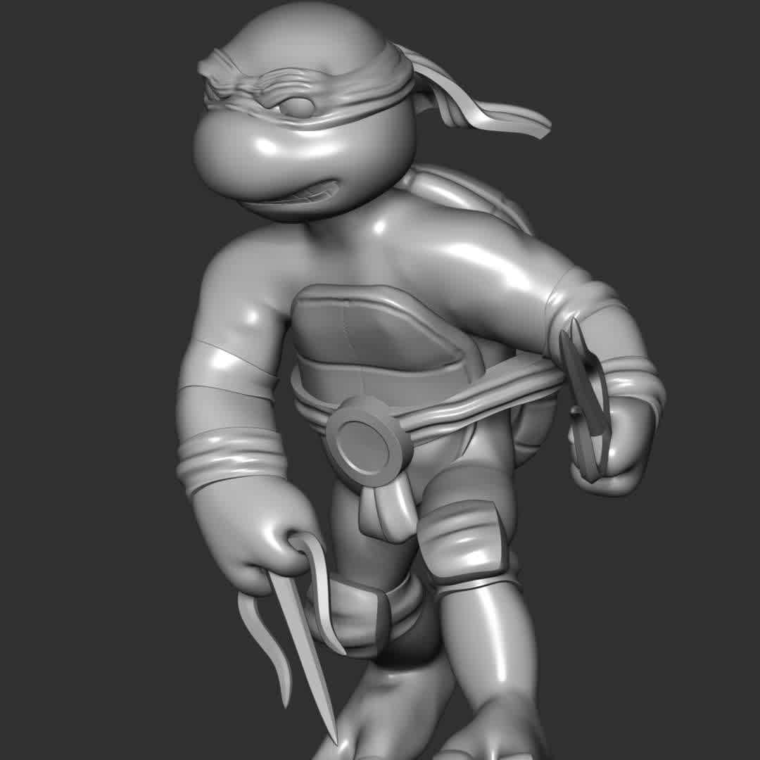 Raphael - Teenage Mutant ninja turtles - **Raphael, nicknamed Raph, is a superhero and one of the four main characters of the Teenage Mutant Ninja Turtles comics**

**The model ready for 3D printing.**

These information of model:

**- Format files: STL, OBJ to supporting 3D printing.**

**- Can be assembled without glue (glue is optional)**

**- Split down to 2 parts**

**- The height of current model is 20 cm and you can free to scale it.**

**- ZTL format for Zbrush for you to customize as you like.**

Please don't hesitate to contact me if you have any issues question.

If you see this model useful, please vote positively for it. - Los mejores archivos para impresión 3D del mundo. Modelos Stl divididos en partes para facilitar la impresión 3D. Todo tipo de personajes, decoración, cosplay, prótesis, piezas. Calidad en impresión 3D. Modelos 3D asequibles. Bajo costo. Compras colectivas de archivos 3D.
